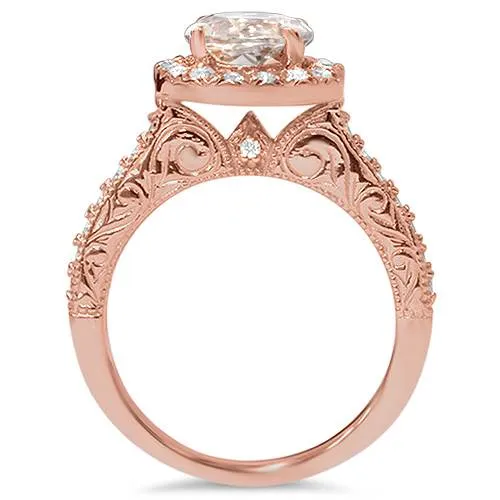 1 7/8CT Vintage Morganite & Diamond Engagement Wedding Ring Set 14K Rose Gold