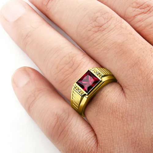 18k Solid Mens Gold Ring Ruby Gemstone Diamond Accents Ring