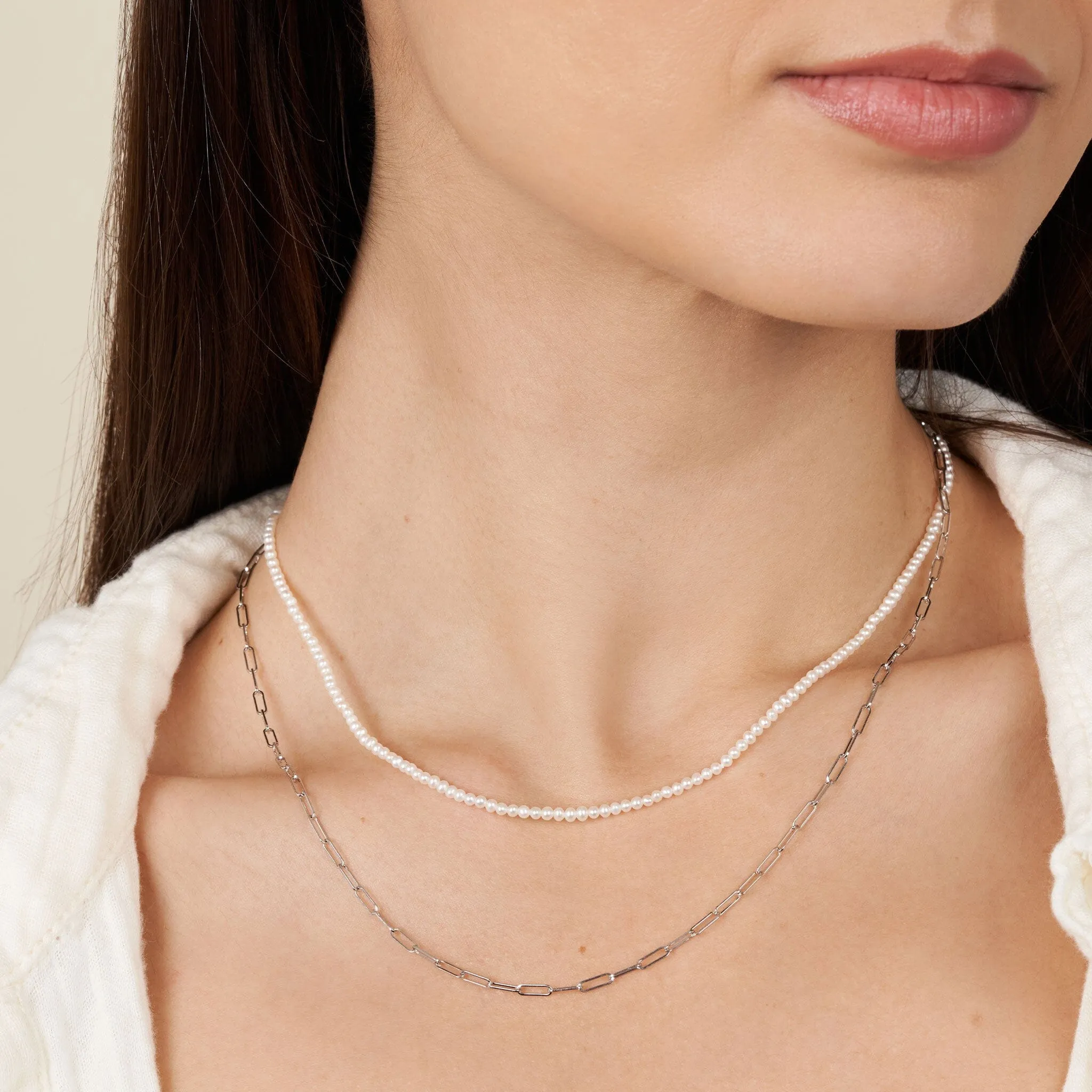 2.0-2.5 mm AA  Freshwater Pearl Necklace with Paperclip Chain Set