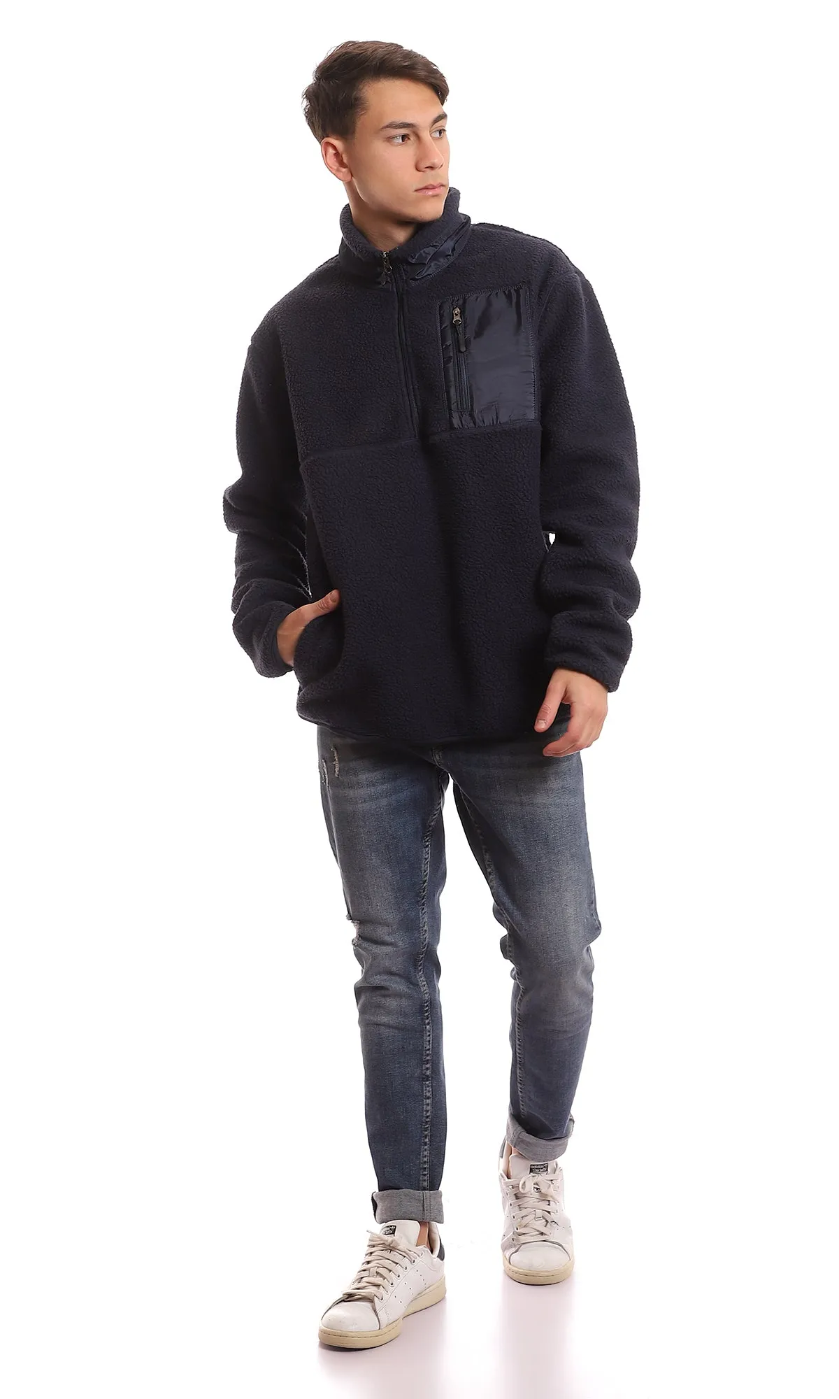 96166 Sherpa Zipped Neck Navy Blue Coziness Sweater