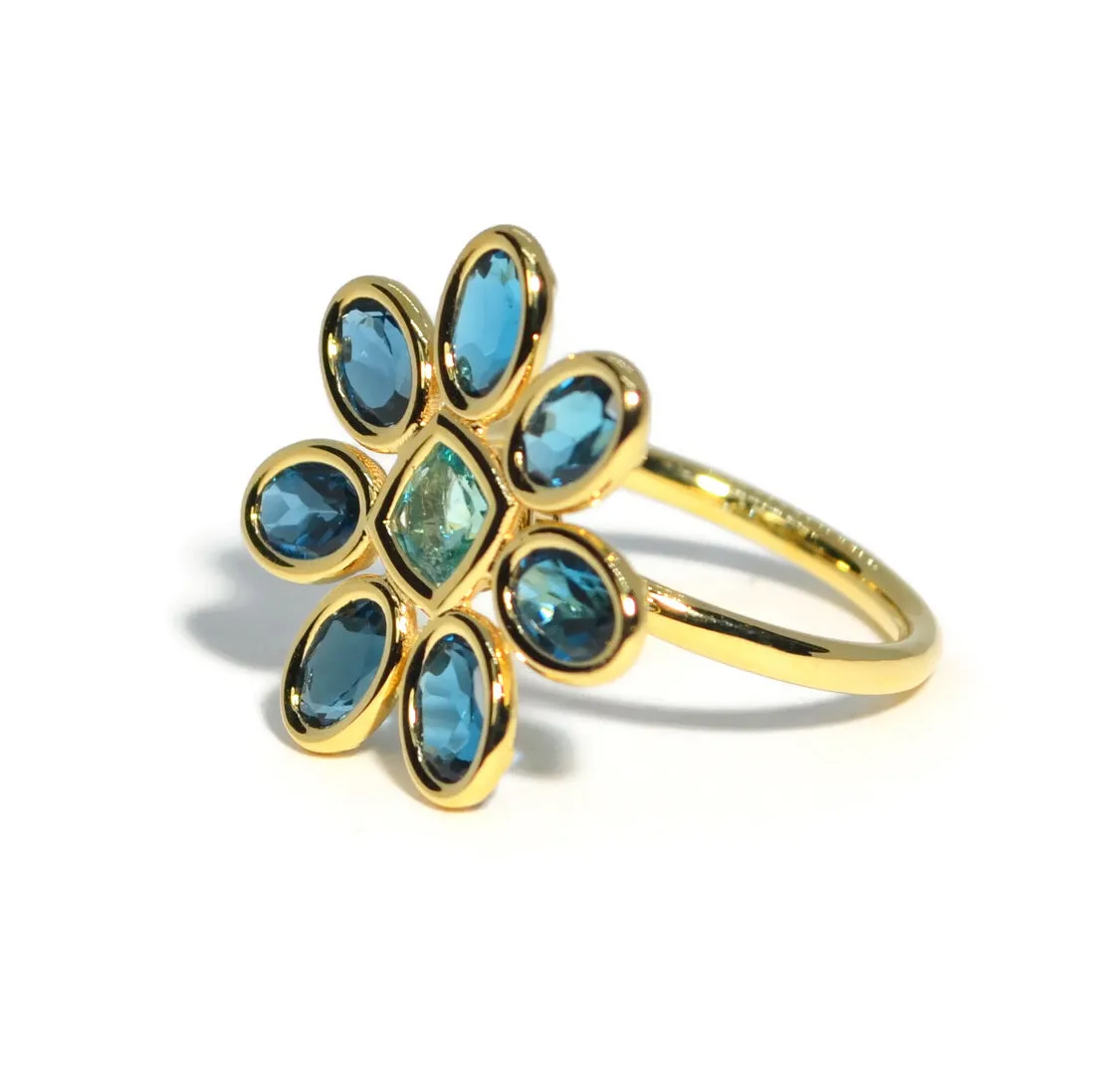 A & Furst - Fiori - Petite Cocktail Ring with London Blue Topaz and Paraiba Color Apatite, 18k Yellow Gold