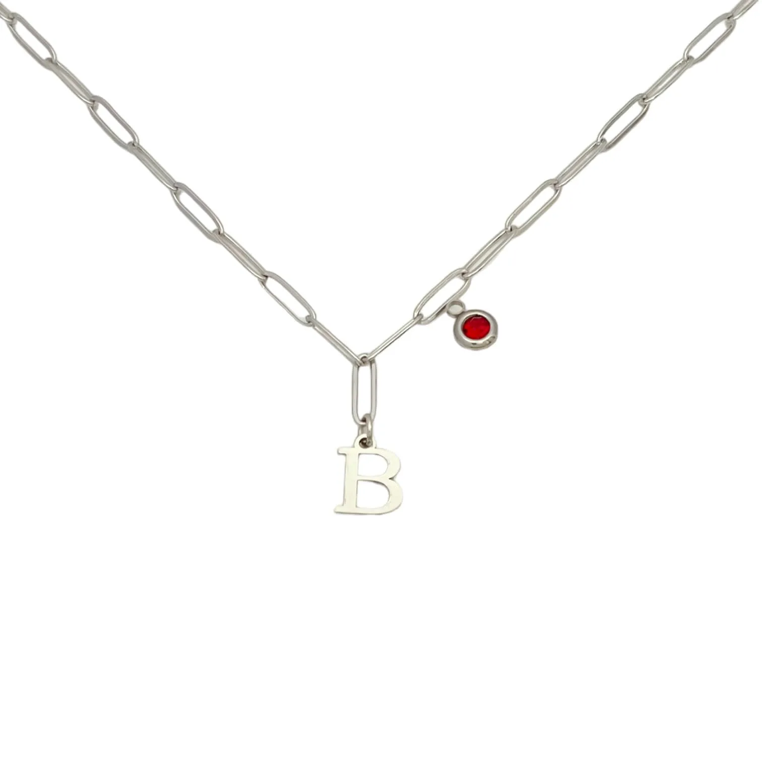 Alphabet Birthstone Paperclip Necklace Silver (A-G)