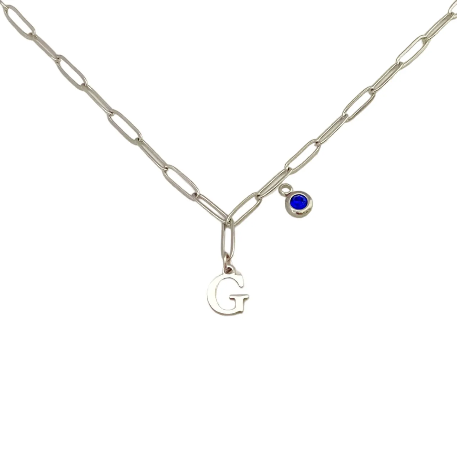 Alphabet Birthstone Paperclip Necklace Silver (A-G)