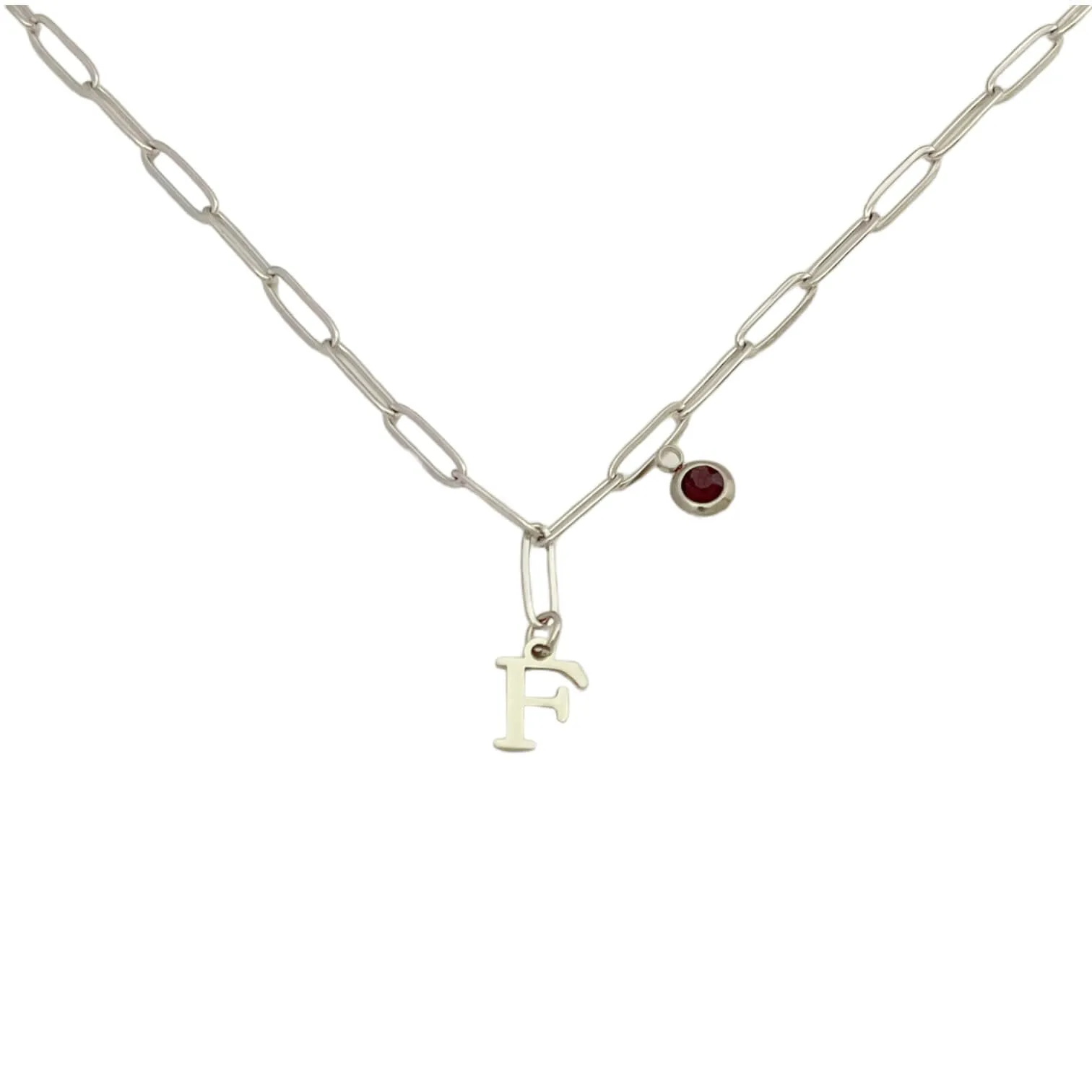 Alphabet Birthstone Paperclip Necklace Silver (A-G)