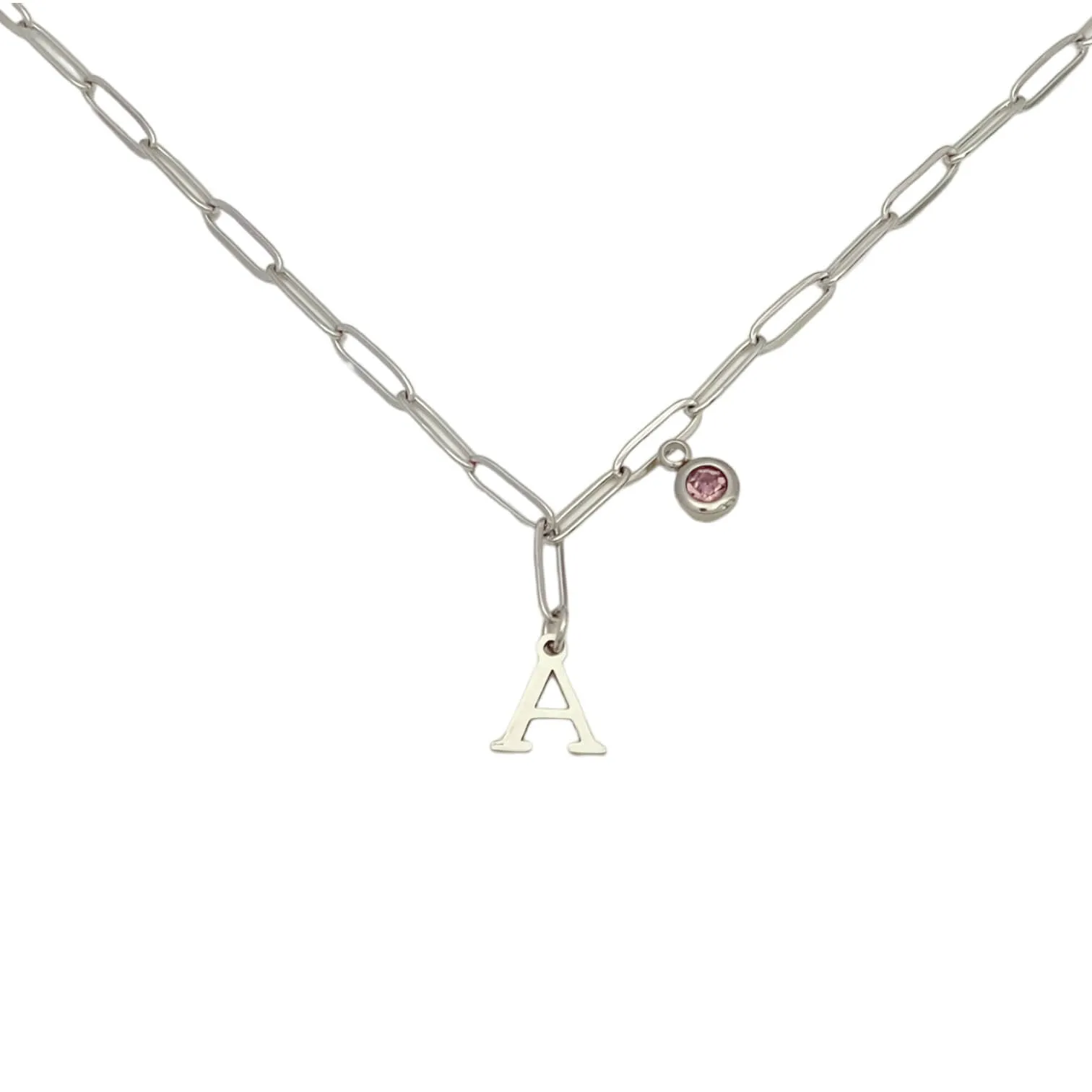 Alphabet Birthstone Paperclip Necklace Silver (A-G)