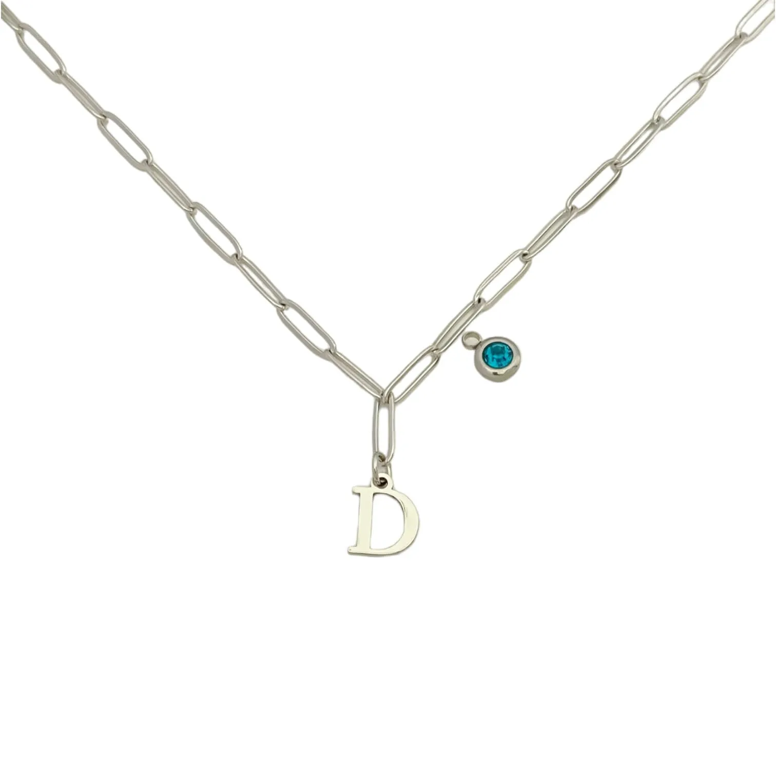 Alphabet Birthstone Paperclip Necklace Silver (A-G)