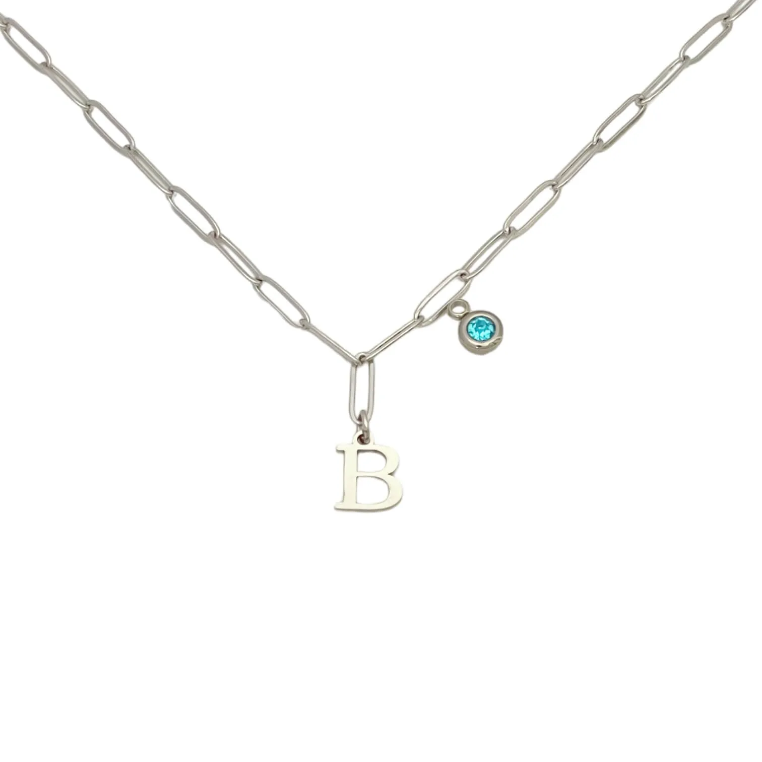 Alphabet Birthstone Paperclip Necklace Silver (A-G)