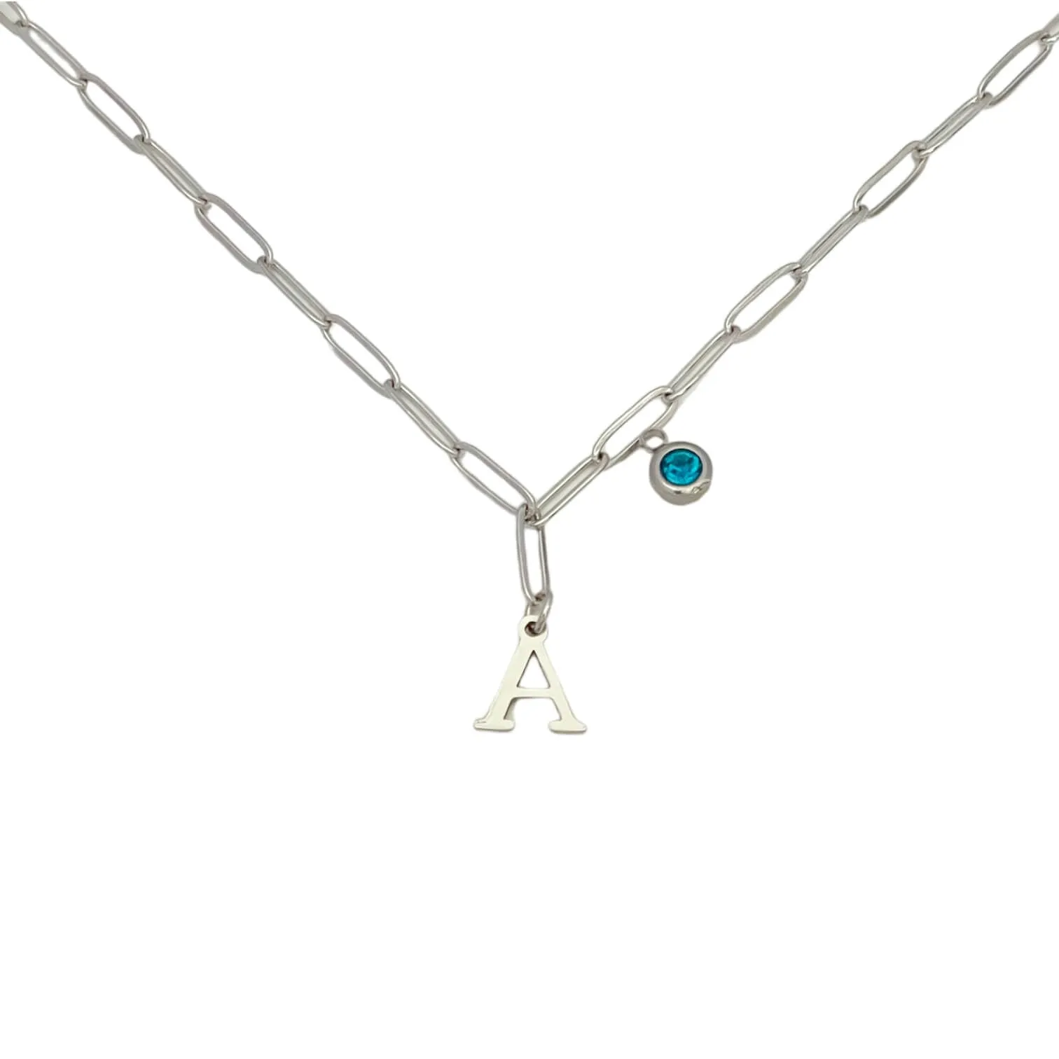 Alphabet Birthstone Paperclip Necklace Silver (A-G)