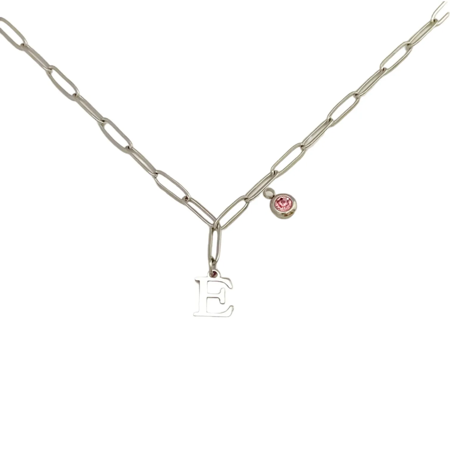 Alphabet Birthstone Paperclip Necklace Silver (A-G)