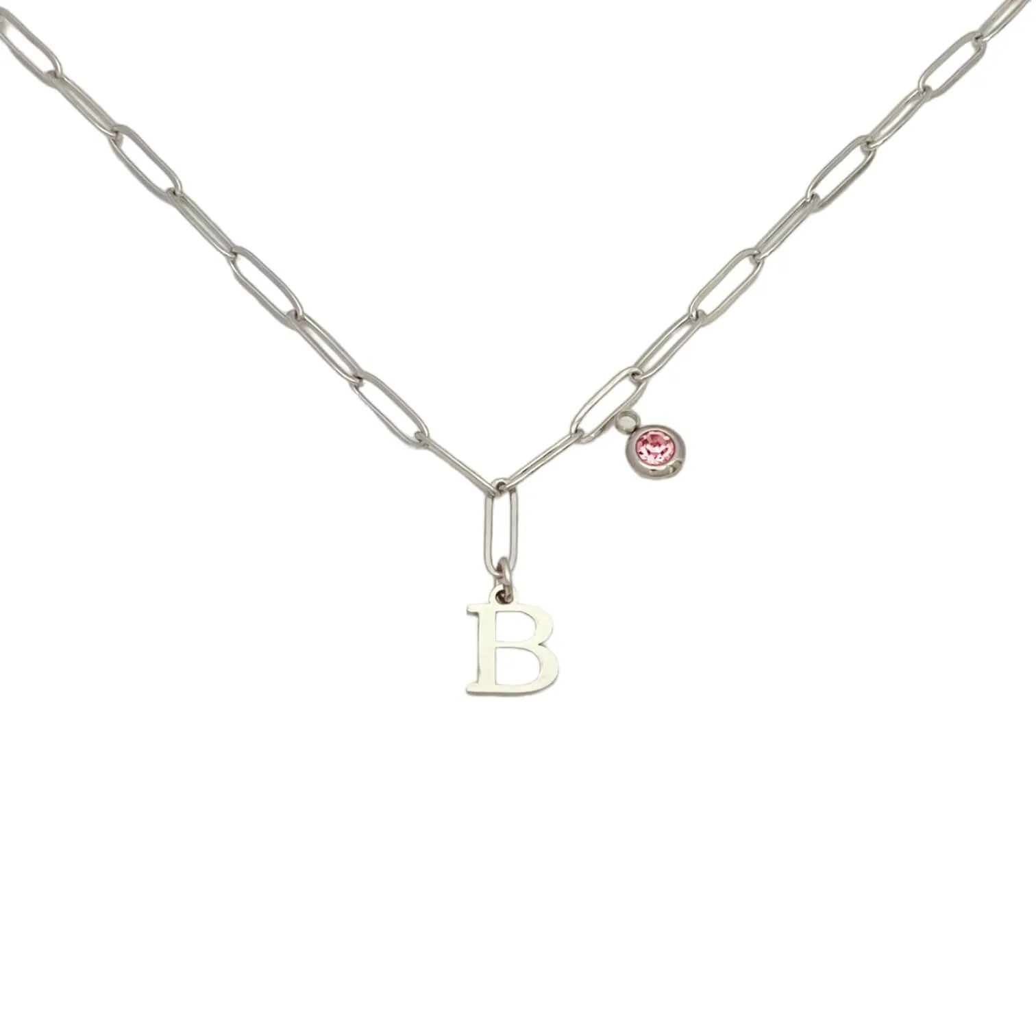 Alphabet Birthstone Paperclip Necklace Silver (A-G)