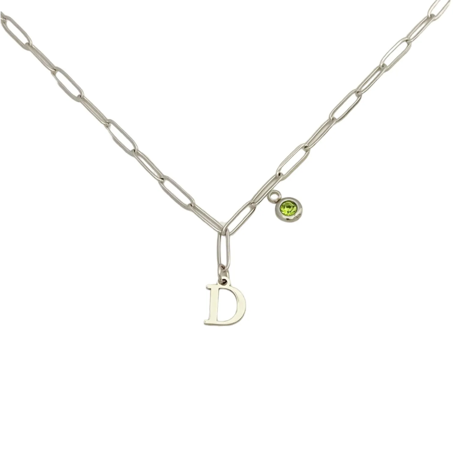 Alphabet Birthstone Paperclip Necklace Silver (A-G)