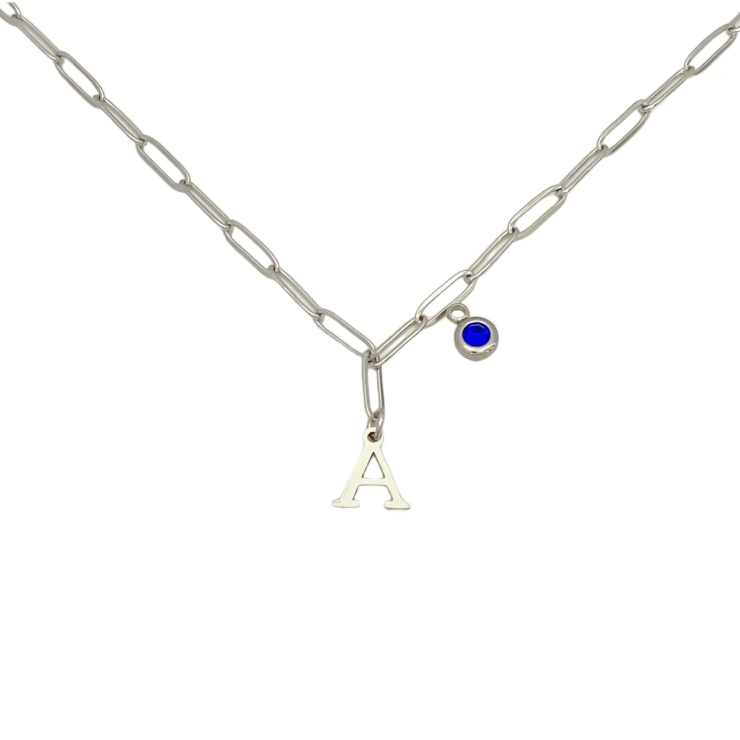 Alphabet Birthstone Paperclip Necklace Silver (A-G)