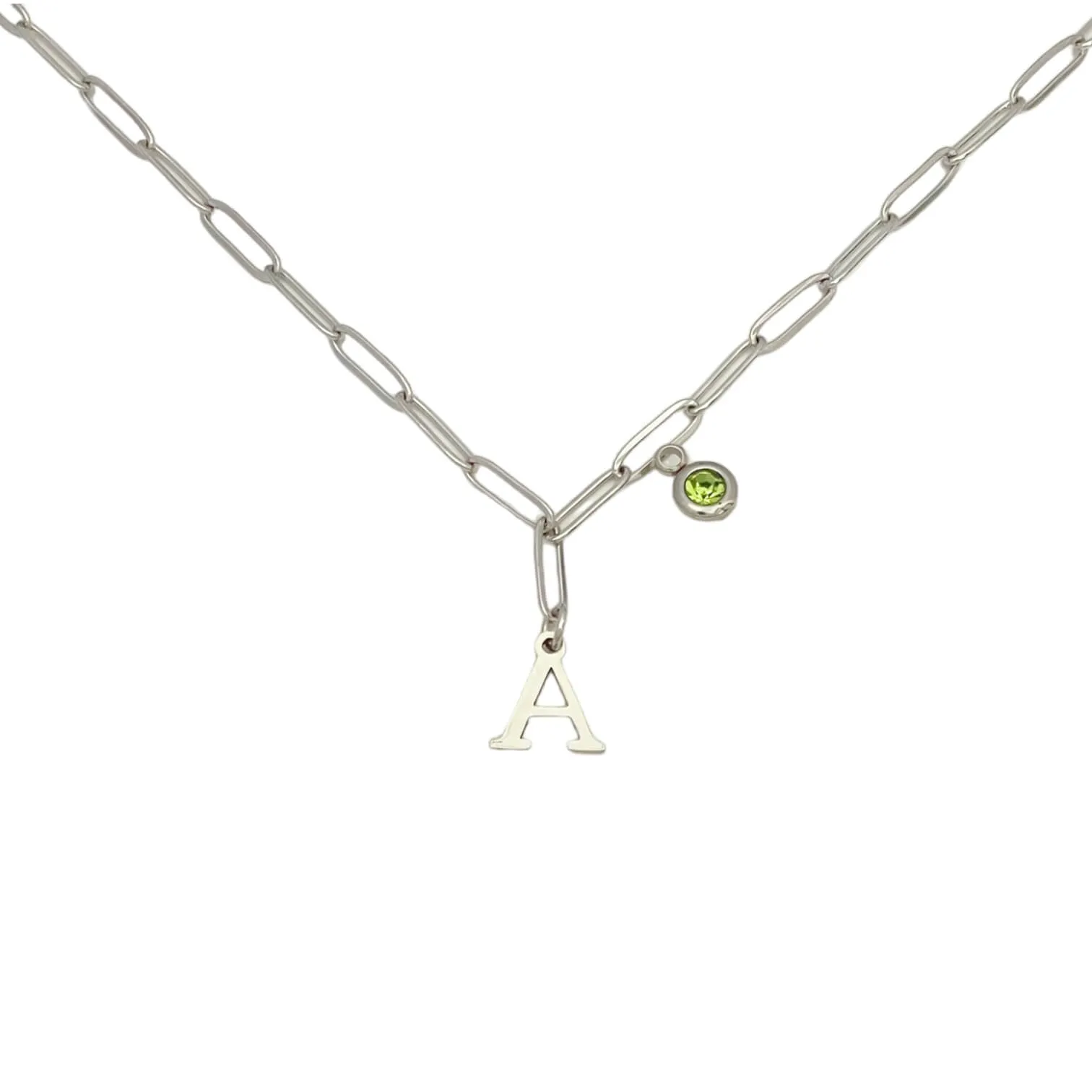 Alphabet Birthstone Paperclip Necklace Silver (A-G)