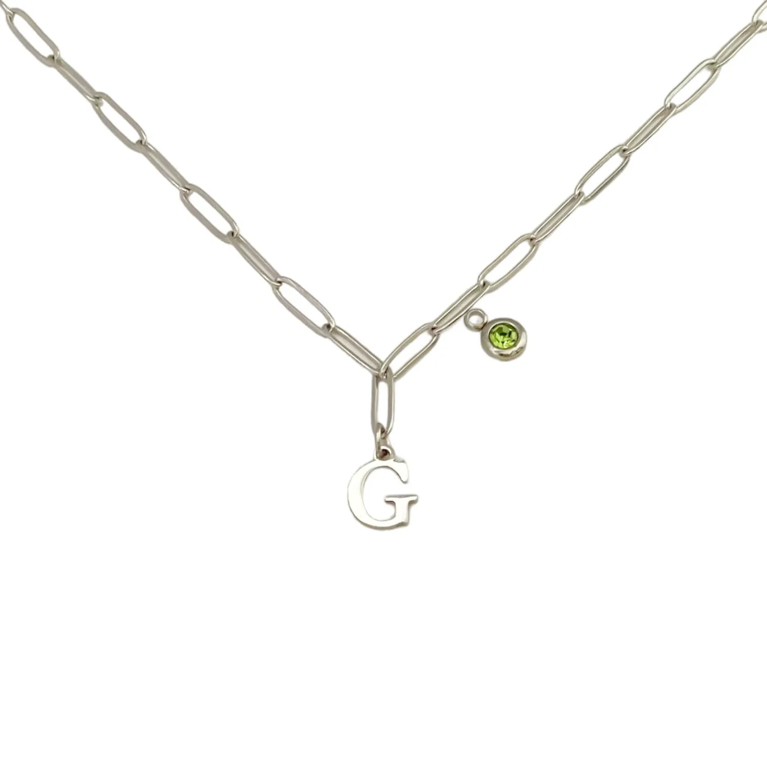 Alphabet Birthstone Paperclip Necklace Silver (A-G)