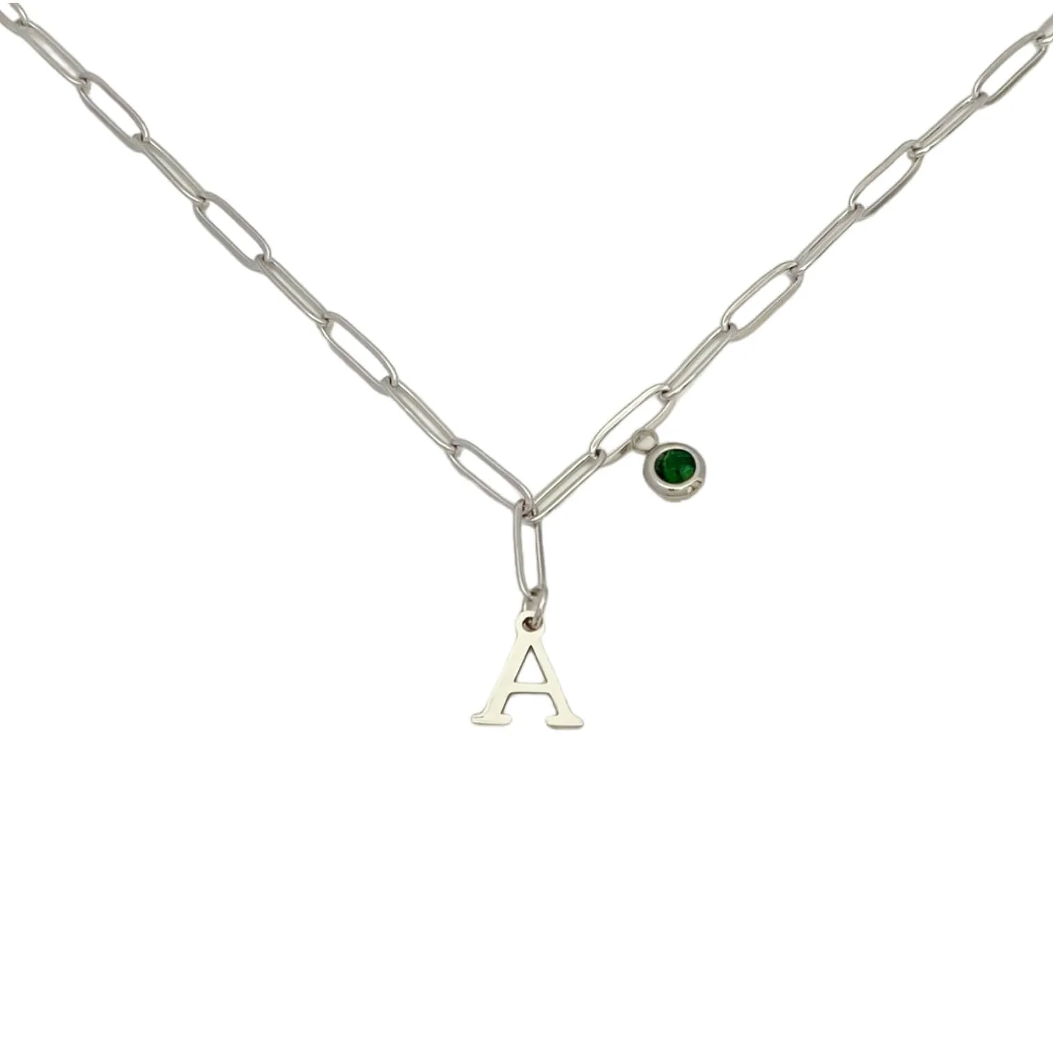 Alphabet Birthstone Paperclip Necklace Silver (A-G)