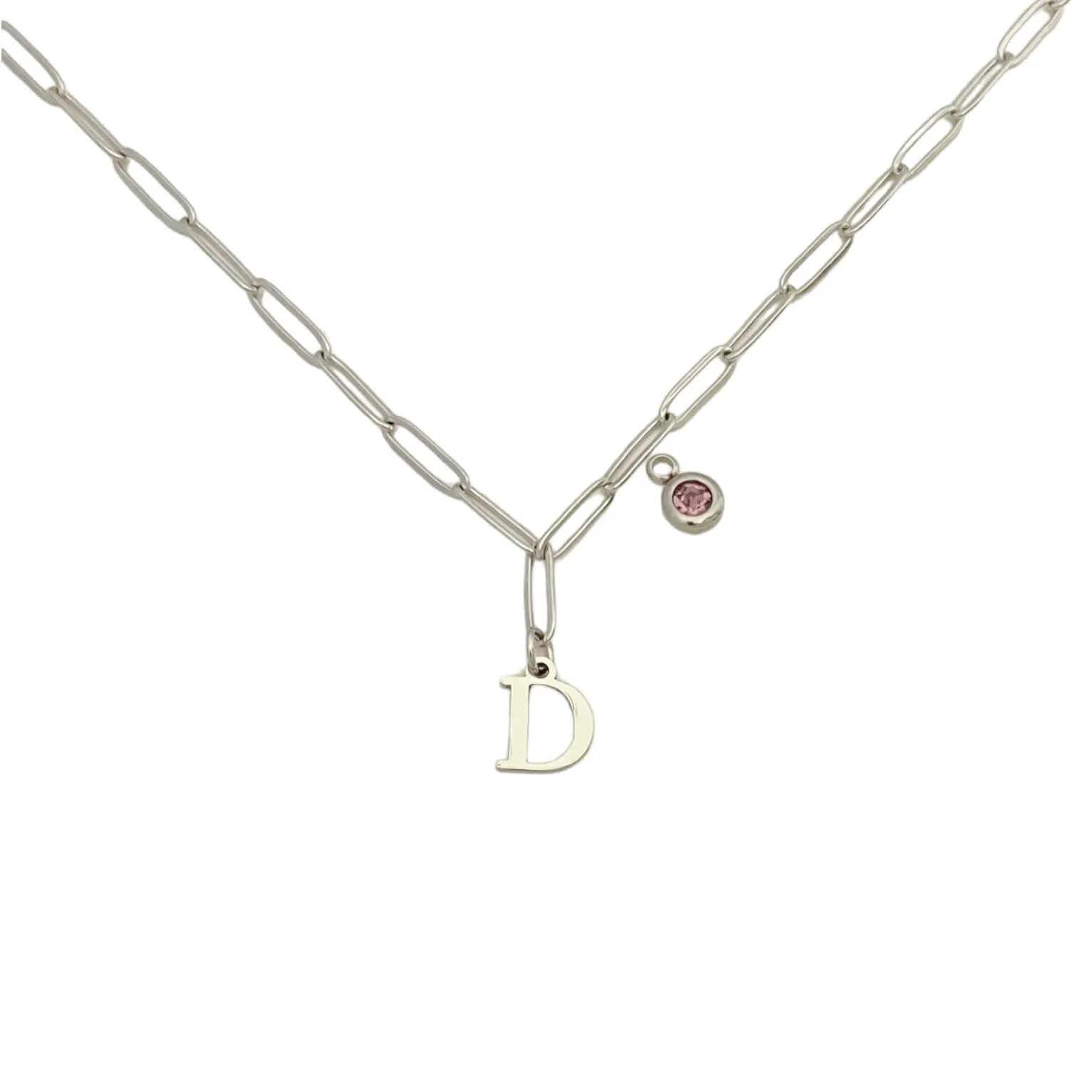 Alphabet Birthstone Paperclip Necklace Silver (A-G)