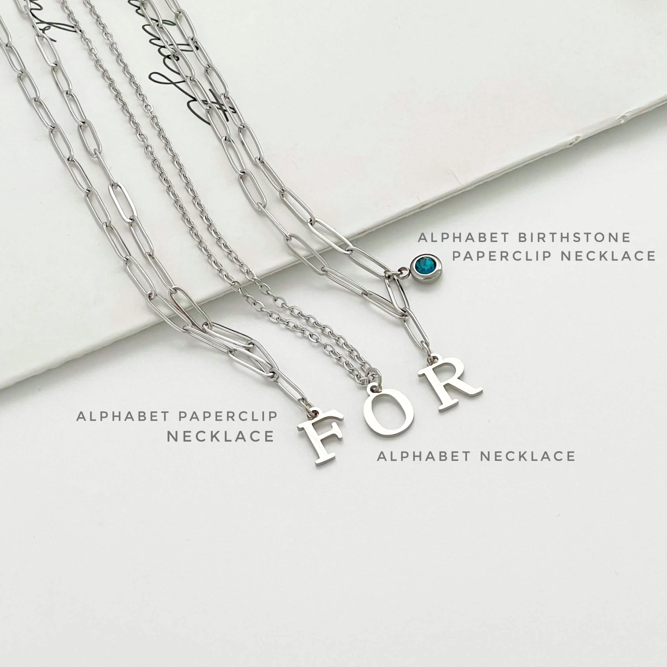 Alphabet Birthstone Paperclip Necklace Silver (A-G)