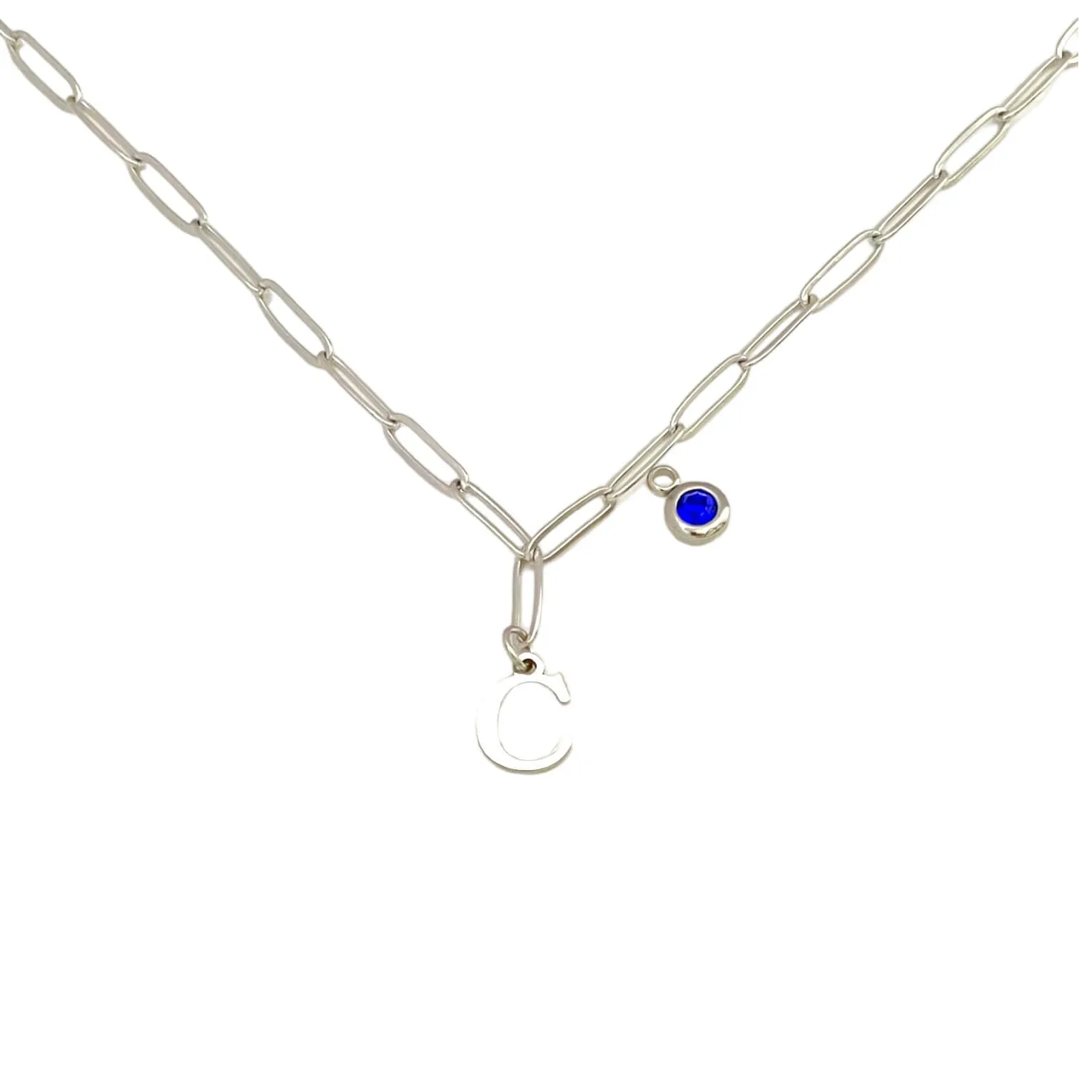 Alphabet Birthstone Paperclip Necklace Silver (A-G)