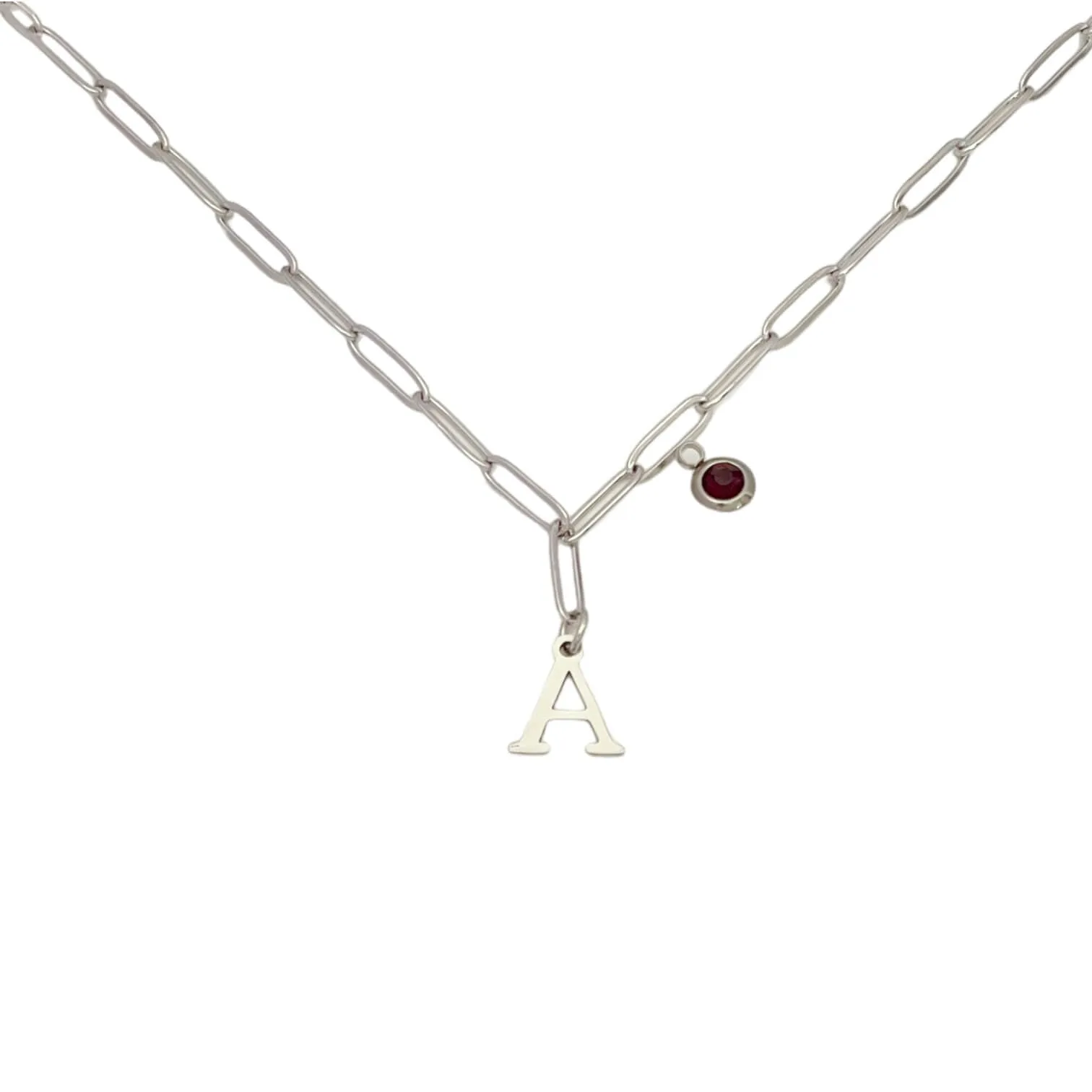 Alphabet Birthstone Paperclip Necklace Silver (A-G)