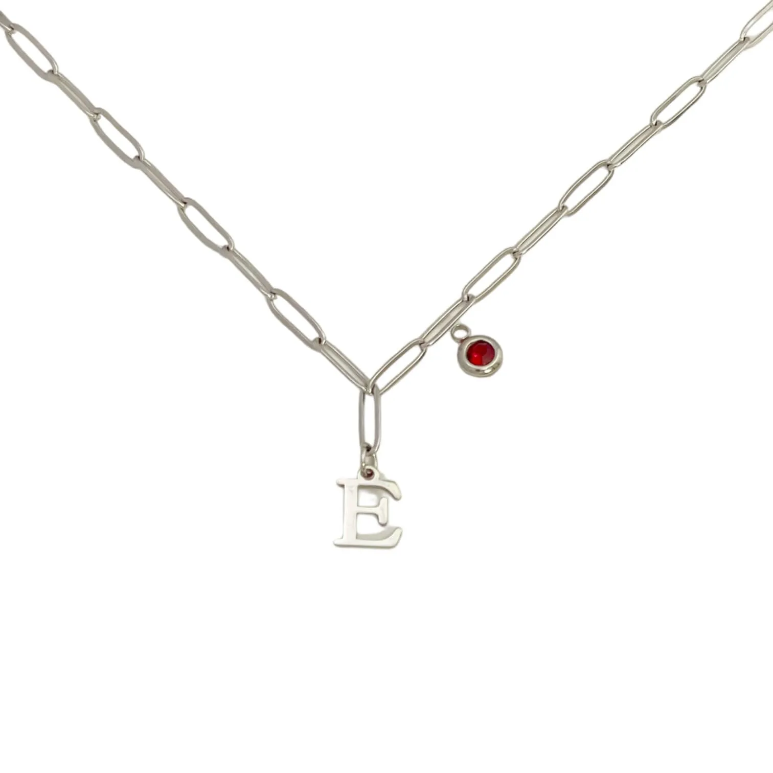 Alphabet Birthstone Paperclip Necklace Silver (A-G)