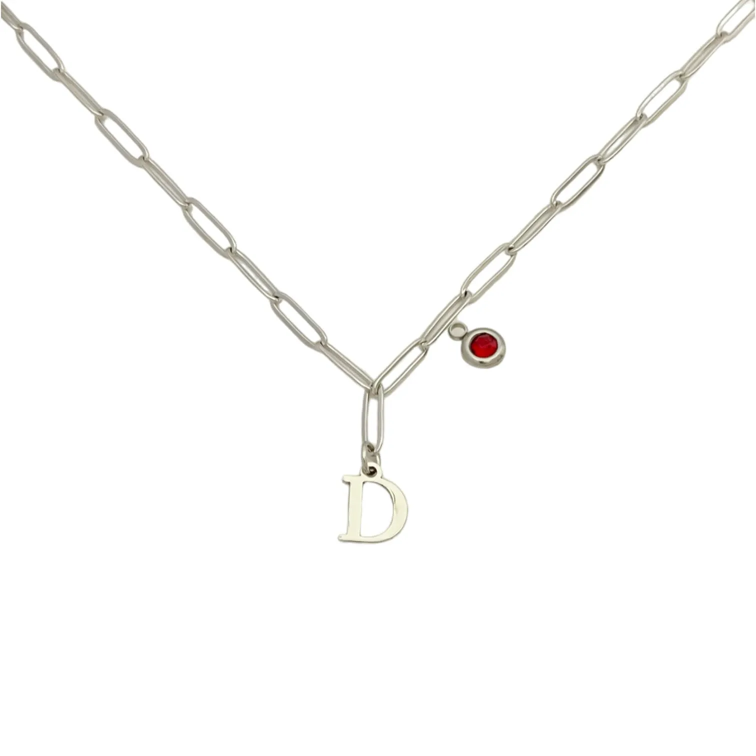 Alphabet Birthstone Paperclip Necklace Silver (A-G)