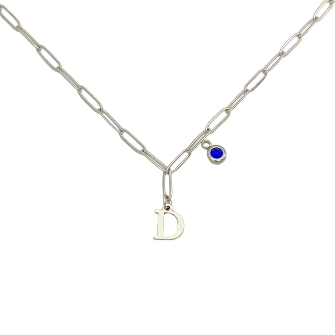 Alphabet Birthstone Paperclip Necklace Silver (A-G)