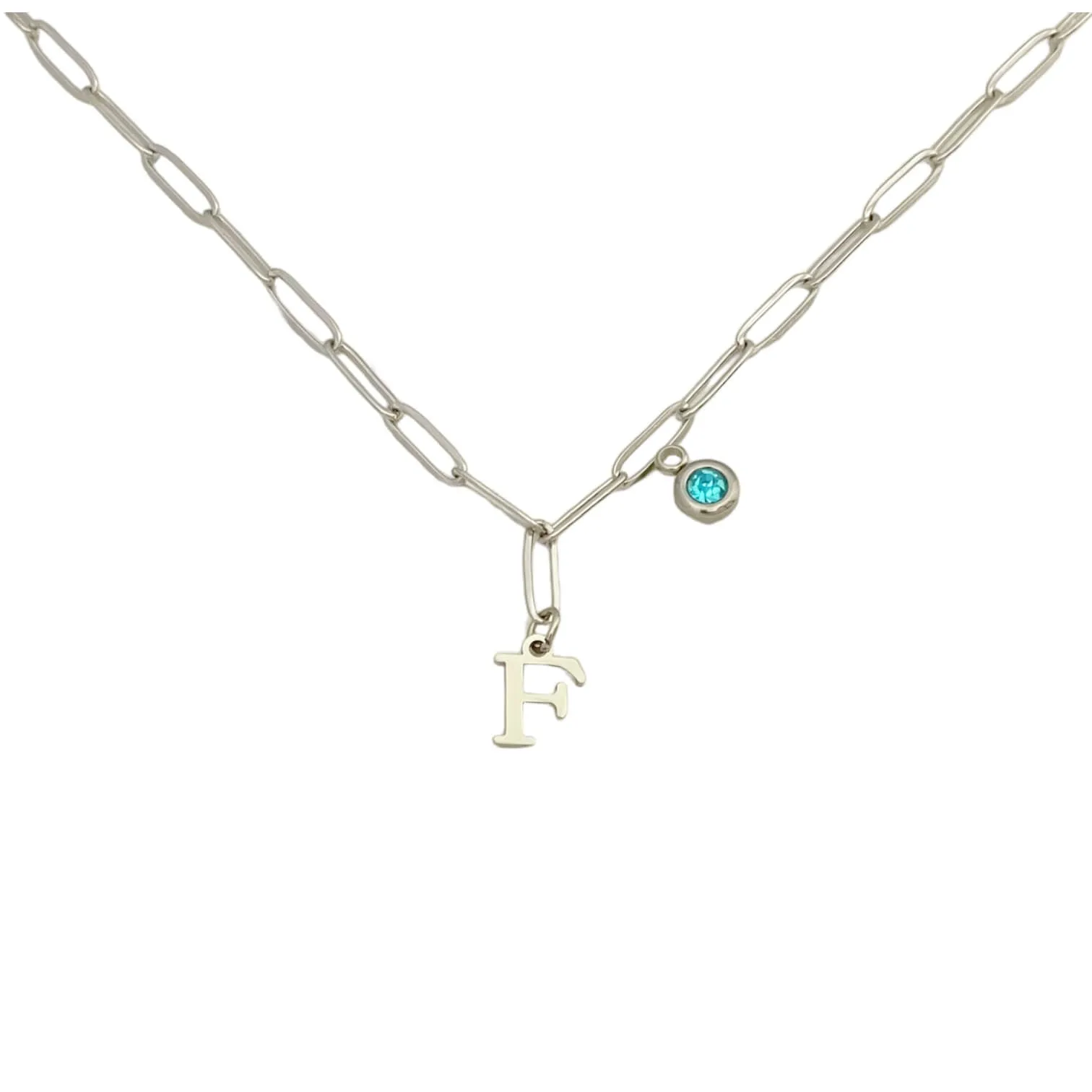 Alphabet Birthstone Paperclip Necklace Silver (A-G)