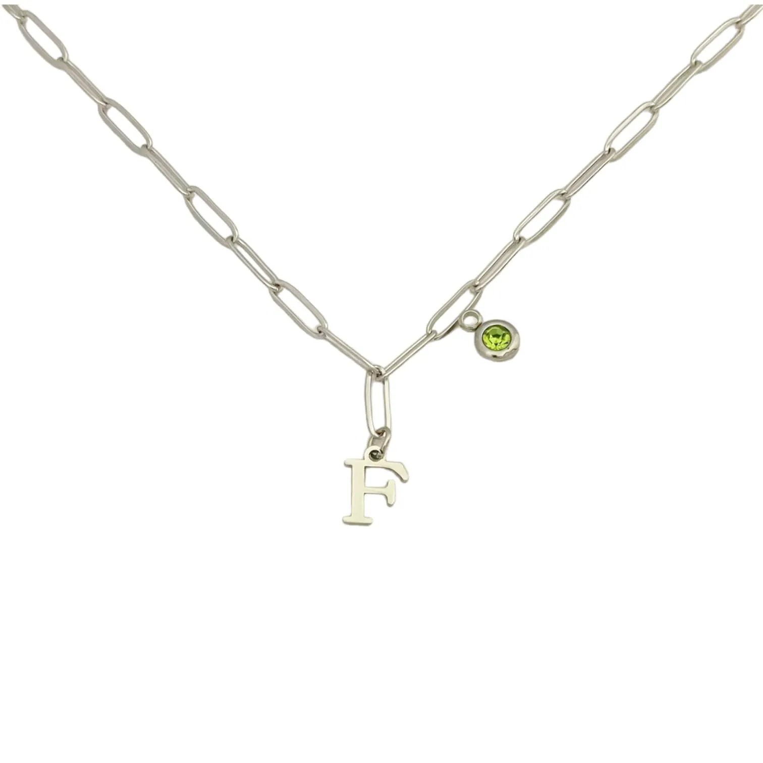 Alphabet Birthstone Paperclip Necklace Silver (A-G)