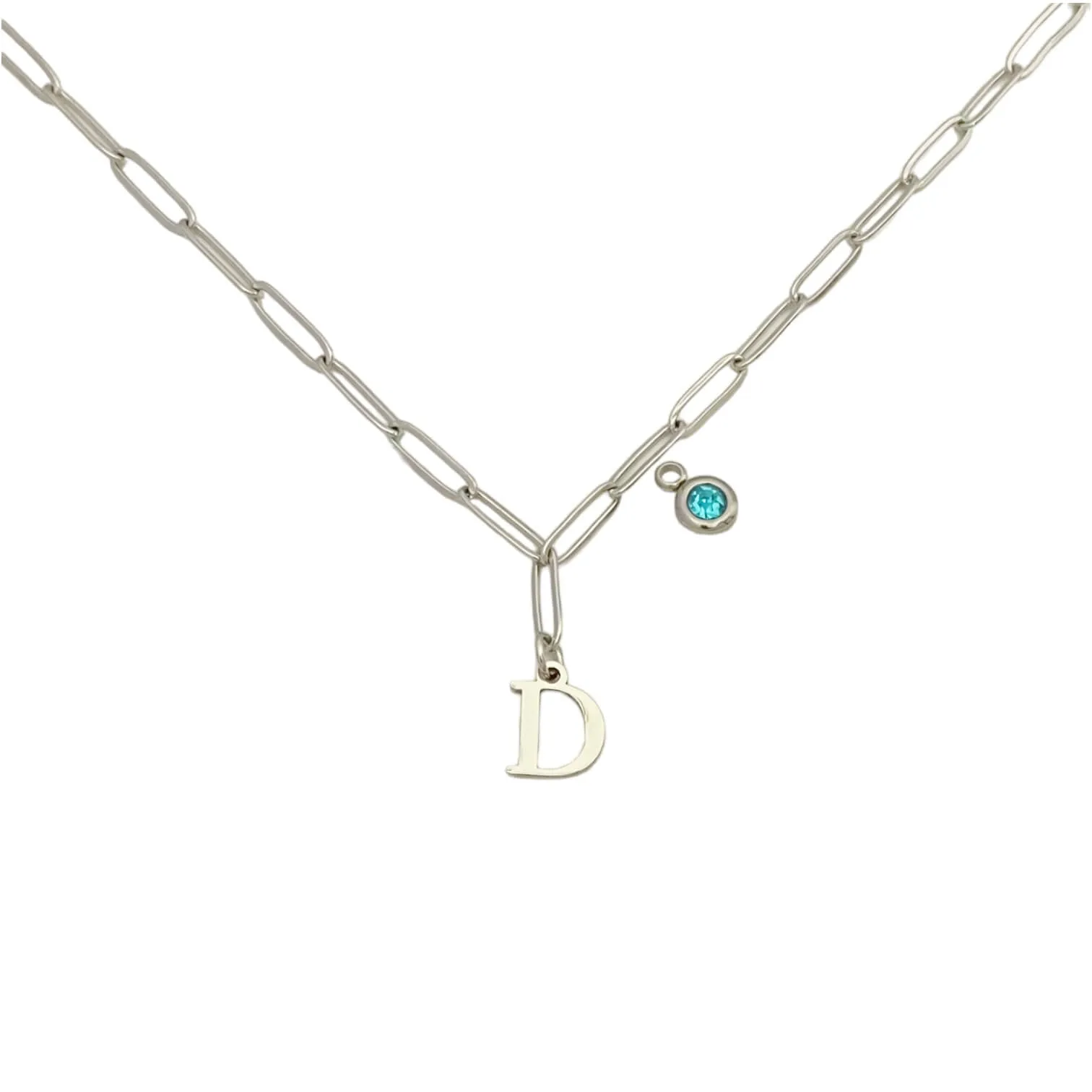 Alphabet Birthstone Paperclip Necklace Silver (A-G)