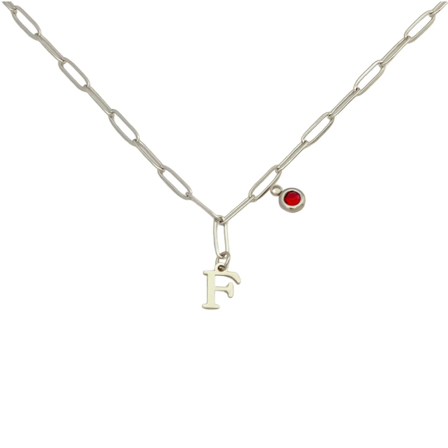 Alphabet Birthstone Paperclip Necklace Silver (A-G)