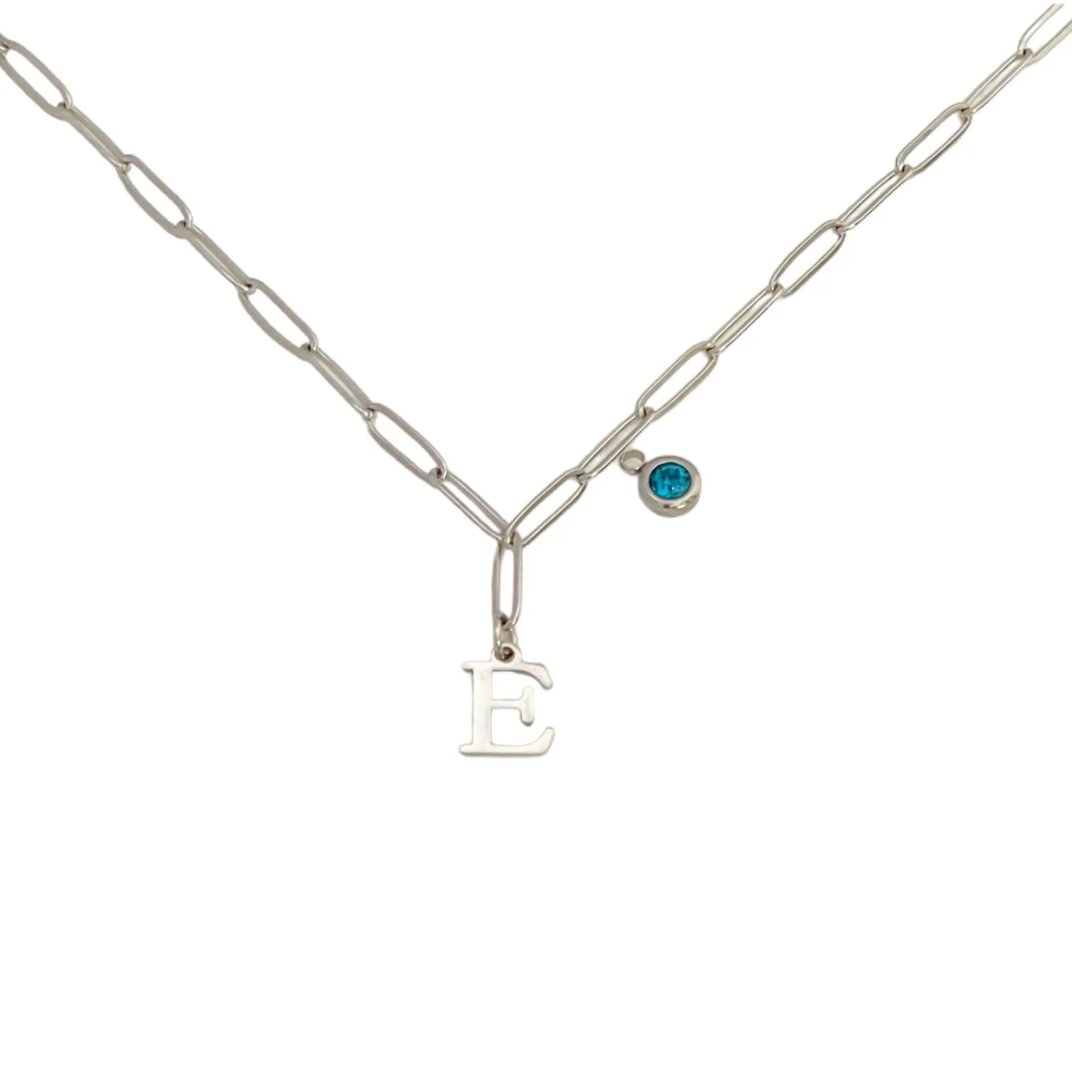 Alphabet Birthstone Paperclip Necklace Silver (A-G)