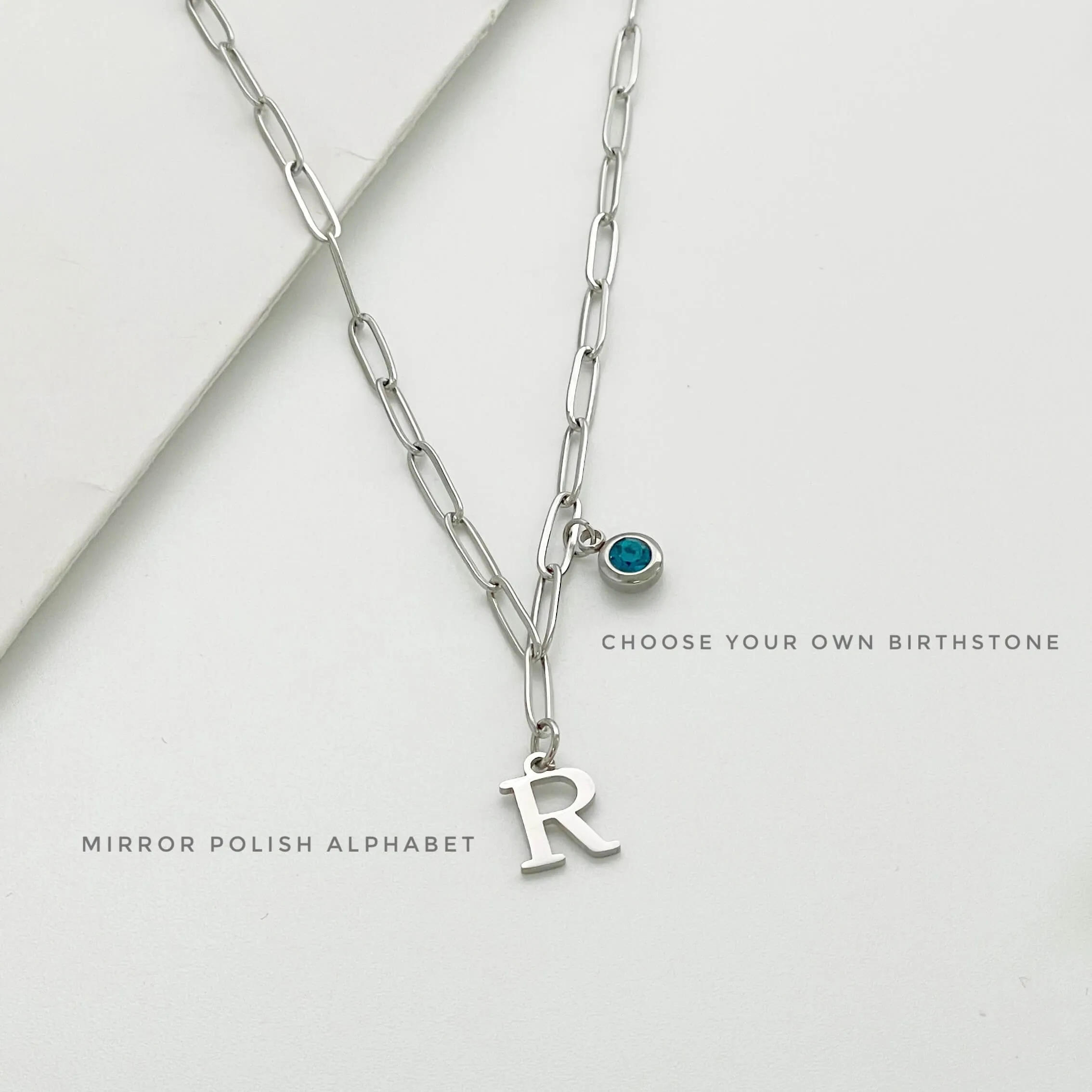 Alphabet Birthstone Paperclip Necklace Silver (A-G)