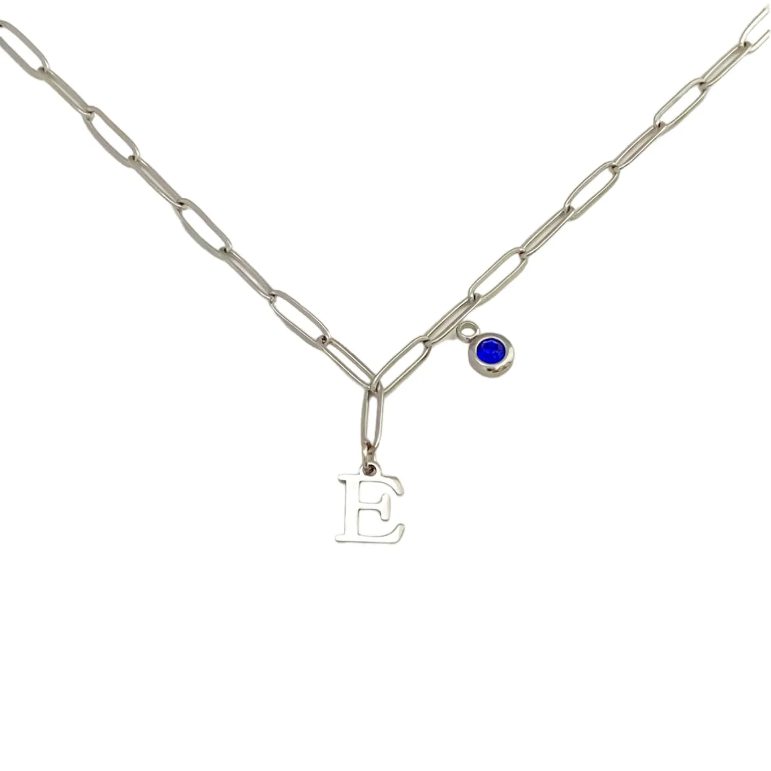 Alphabet Birthstone Paperclip Necklace Silver (A-G)