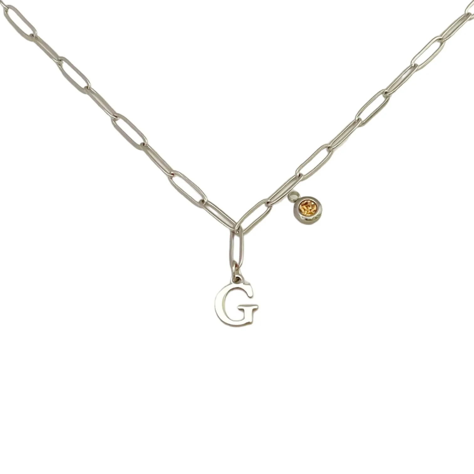 Alphabet Birthstone Paperclip Necklace Silver (A-G)