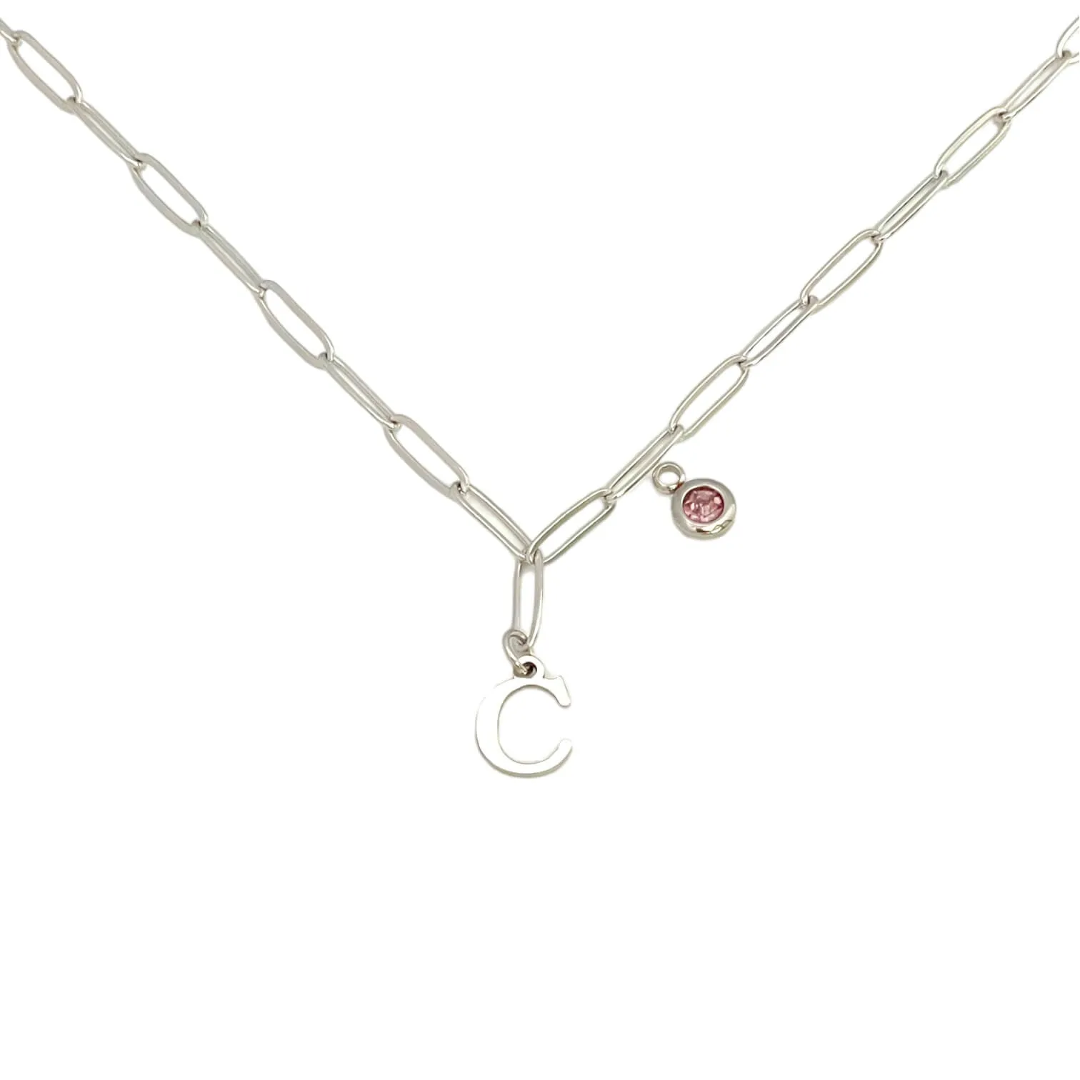 Alphabet Birthstone Paperclip Necklace Silver (A-G)