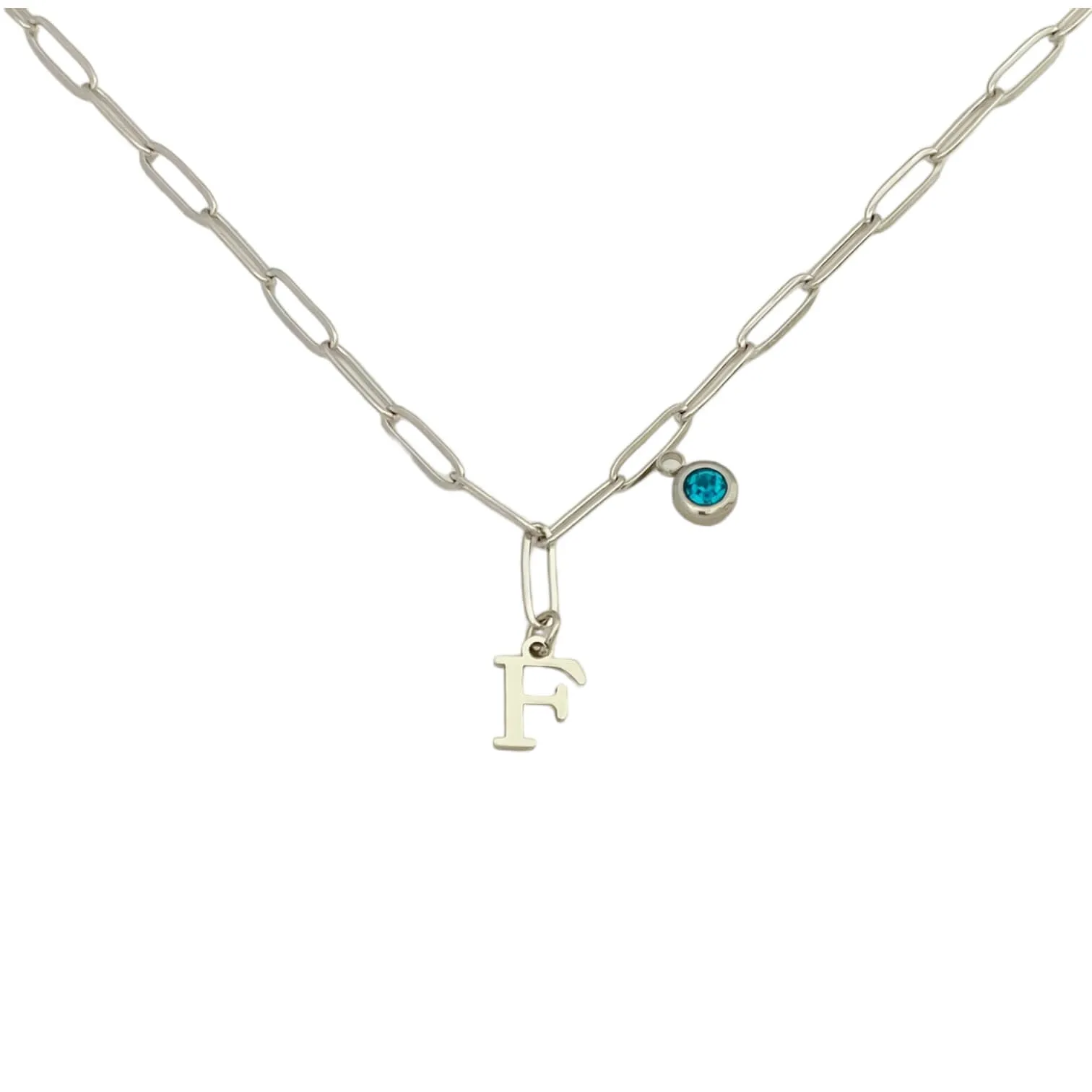 Alphabet Birthstone Paperclip Necklace Silver (A-G)