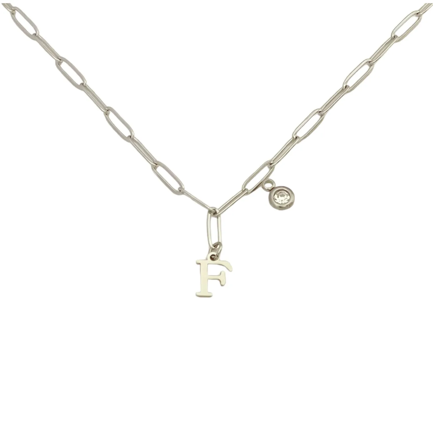 Alphabet Birthstone Paperclip Necklace Silver (A-G)