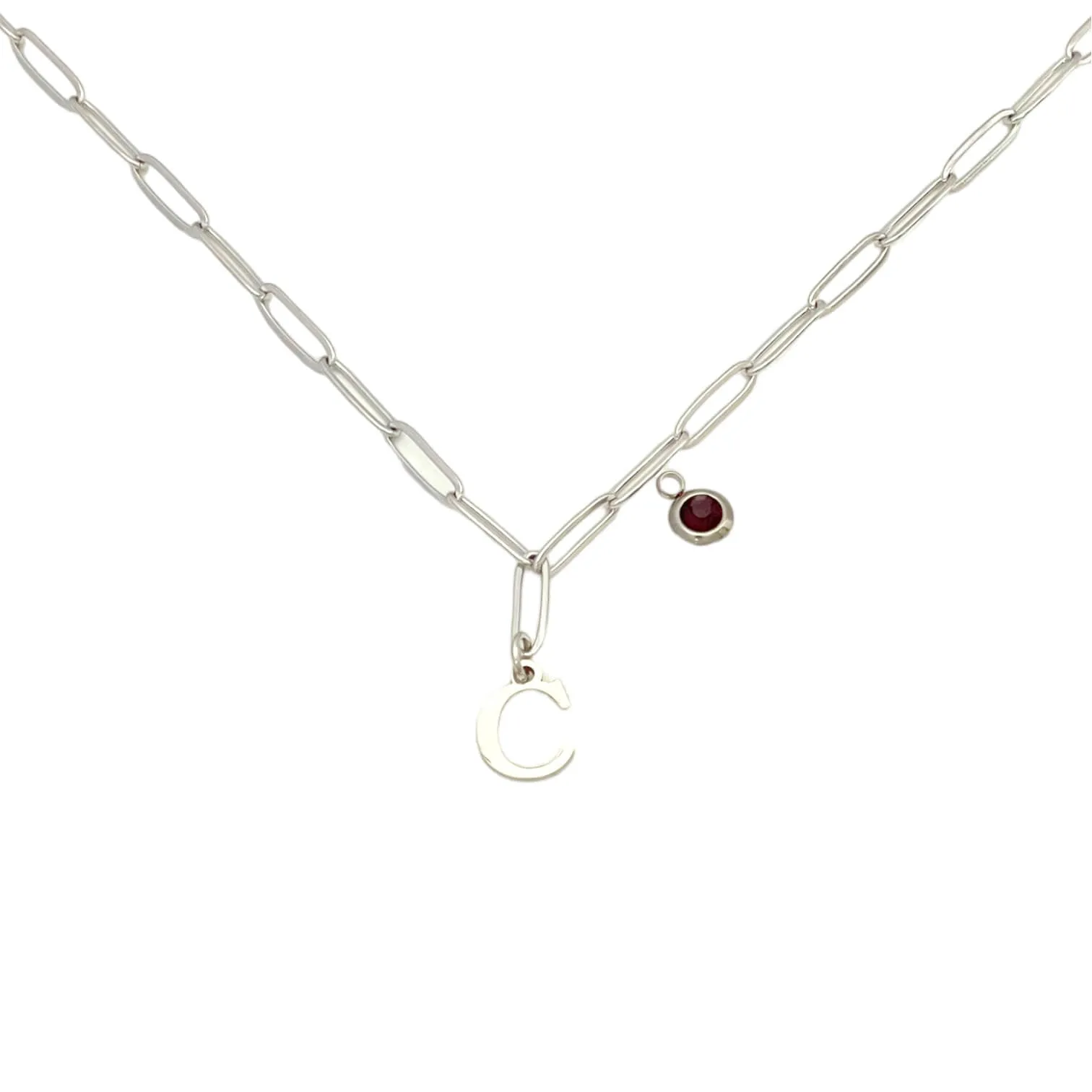 Alphabet Birthstone Paperclip Necklace Silver (A-G)