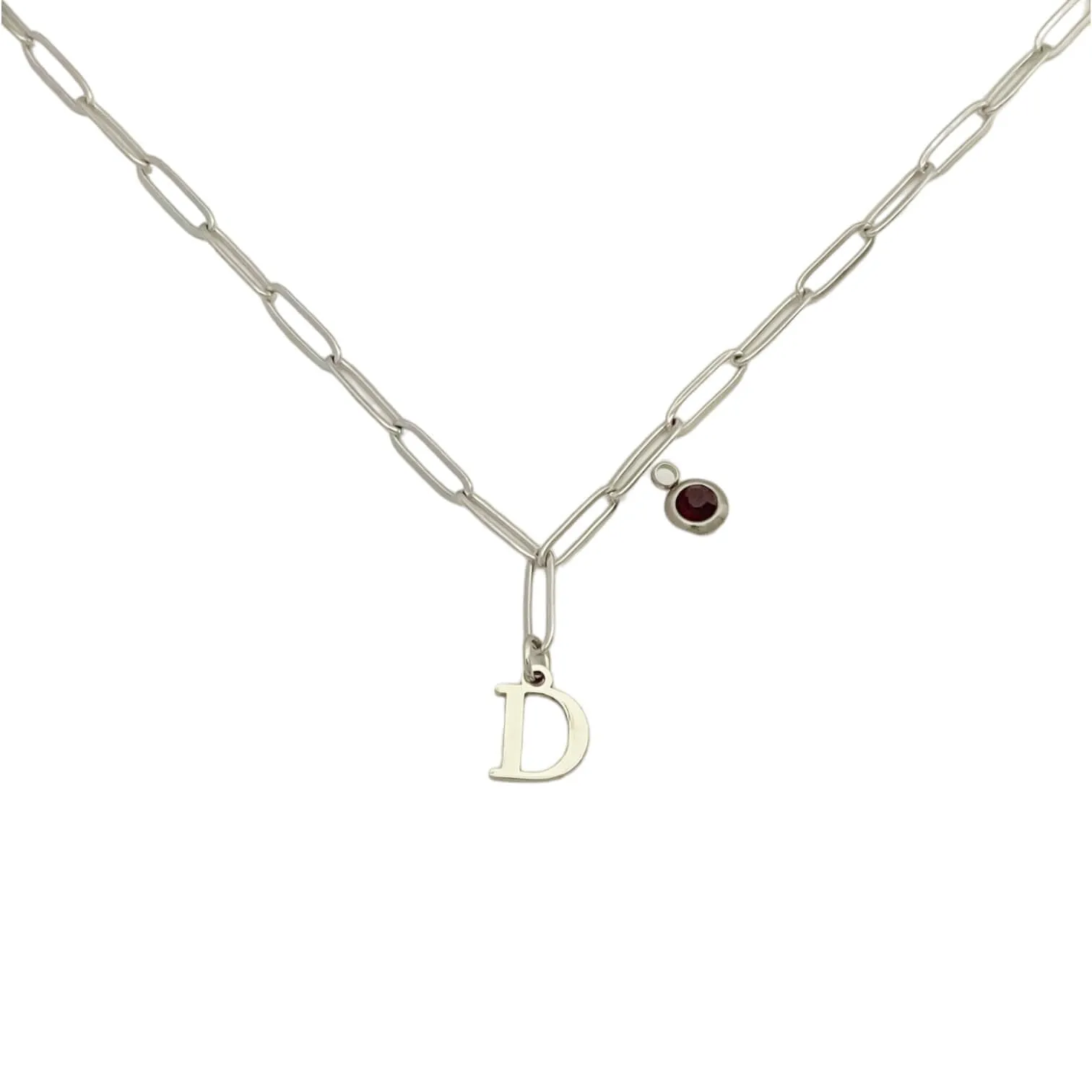 Alphabet Birthstone Paperclip Necklace Silver (A-G)