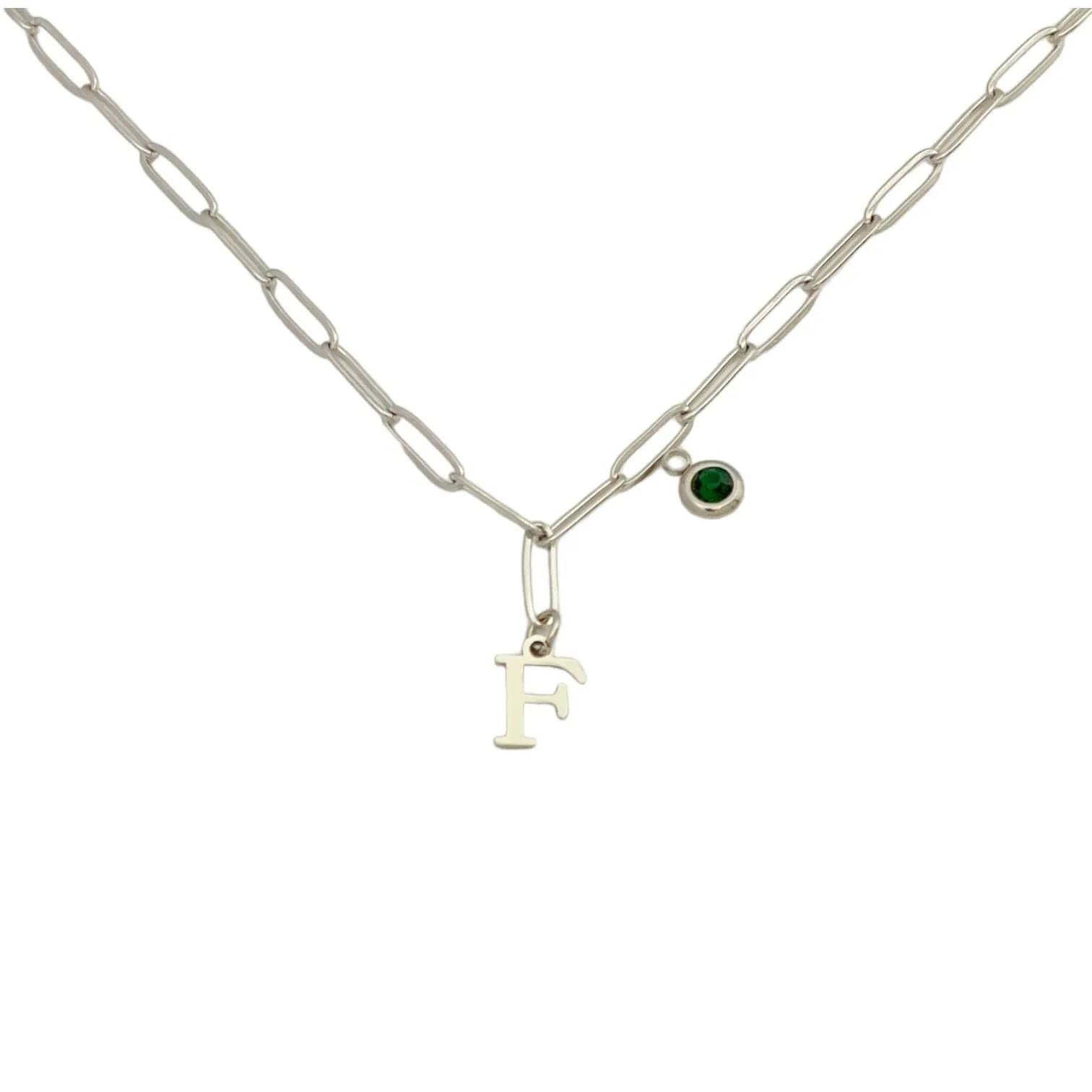 Alphabet Birthstone Paperclip Necklace Silver (A-G)