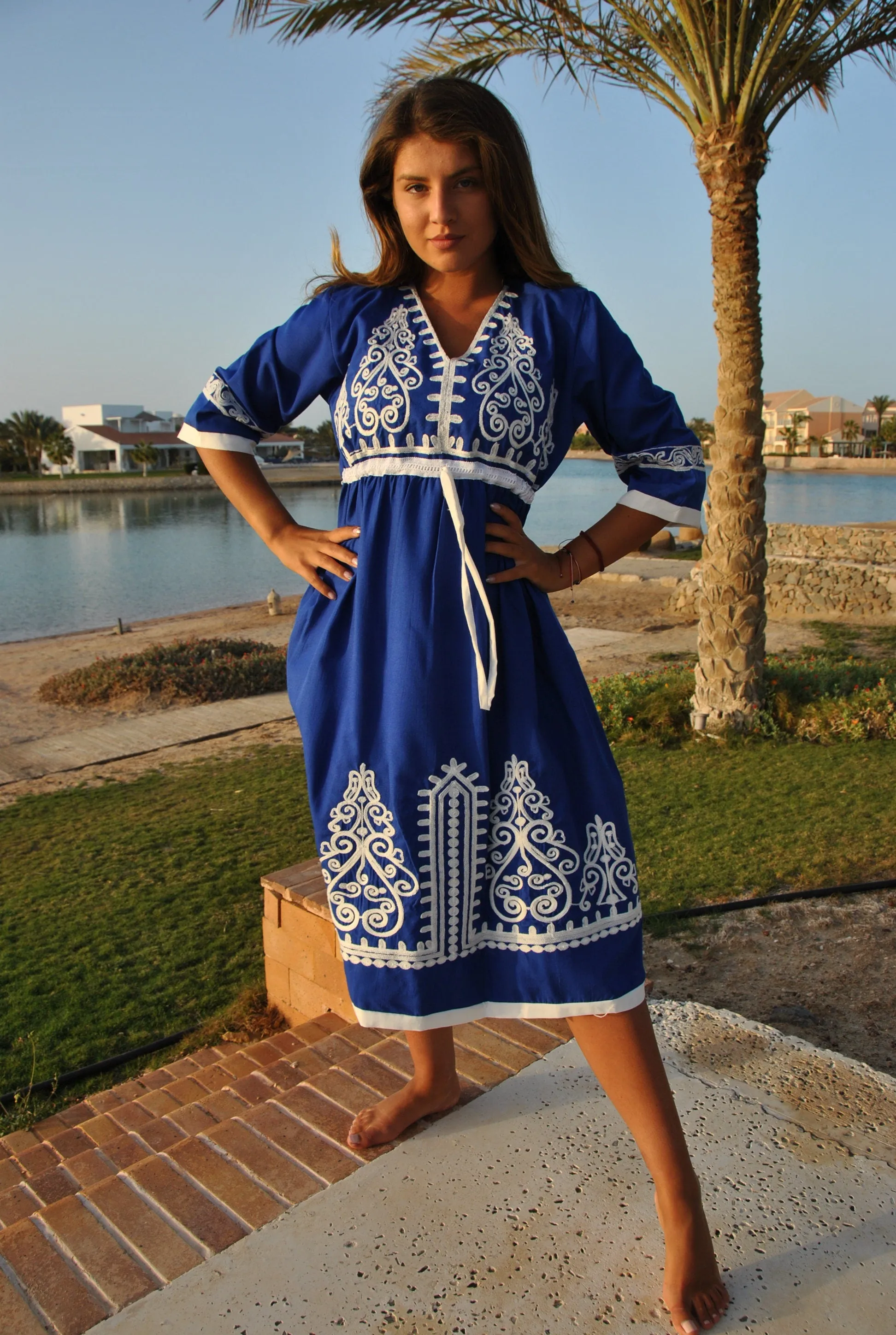 Blue Tunic embroidered kaftan, Bohemian embroidery tunic dress, embroidered tunic kaftan, Egyptian cotton. Summer, party, casual, home dress