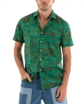 Camicia Uomo Cotone Manica Corta Colletto Fantasia Etnica Casual Verde GIOSAL-CC1189A