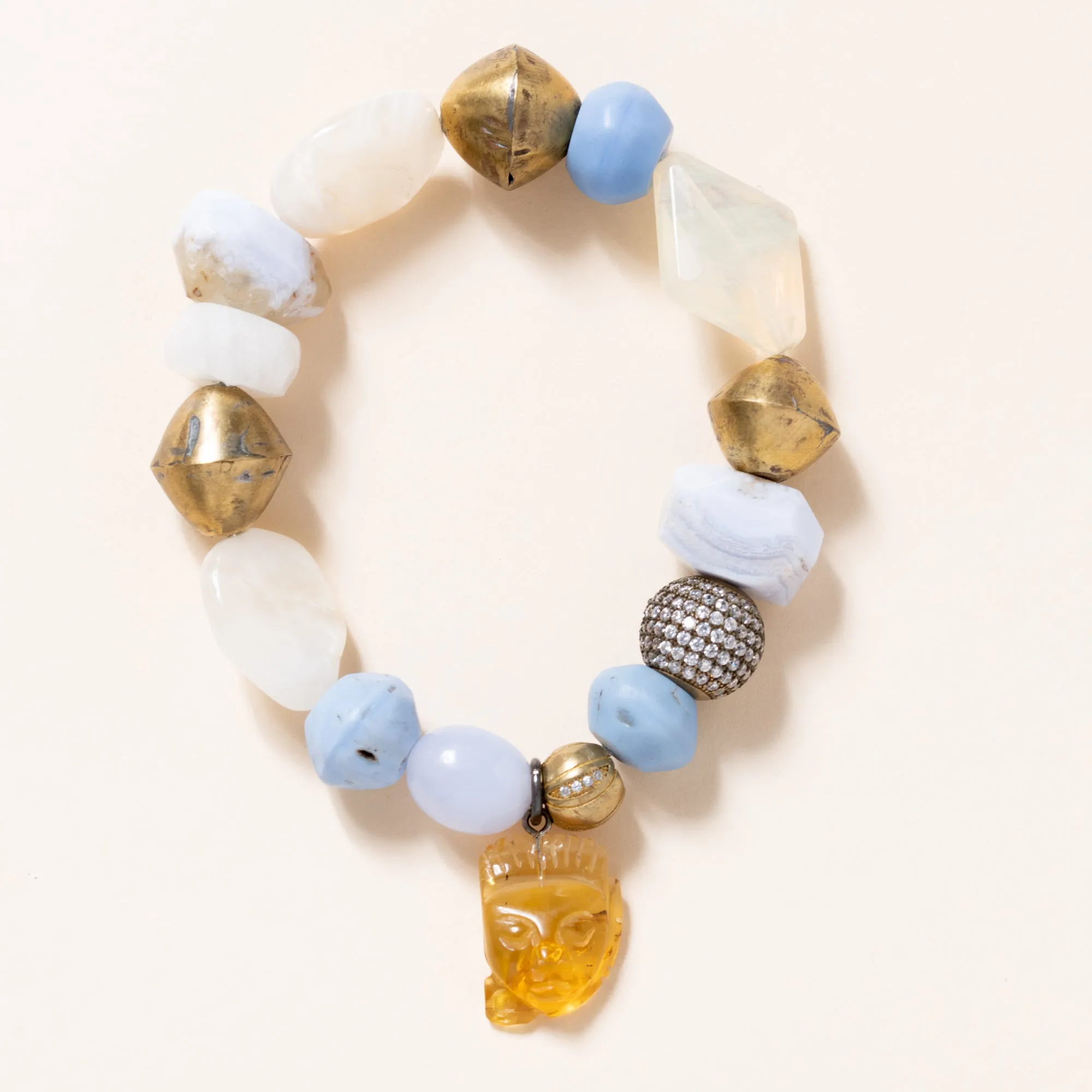 Chalcedony, Vintage African Brass, Moonstone, and CZ Diamonds with Carved Mexican Amber Bloom Bracelet