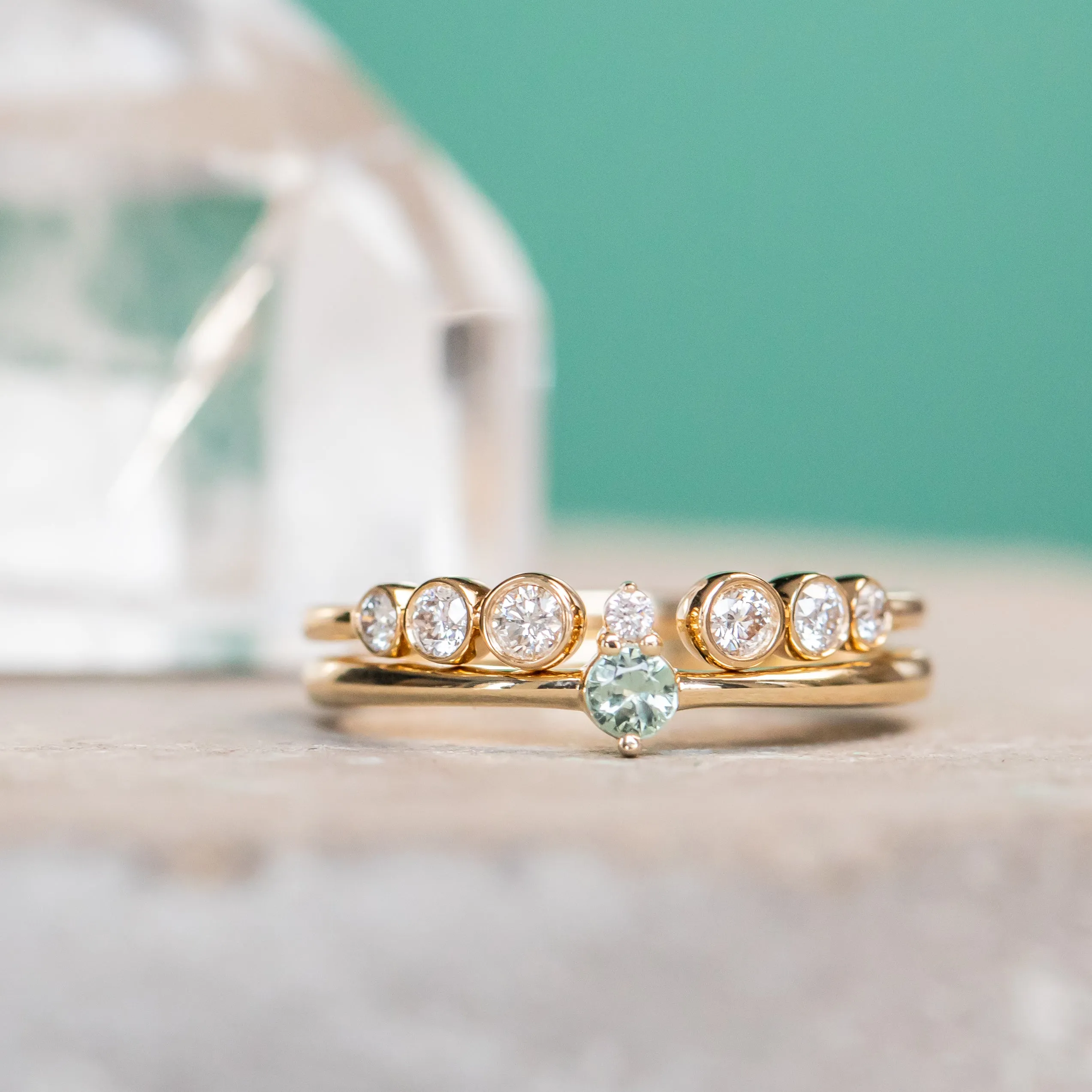 Dainty Micro Stacker - Green Sapphire & Diamond Stacking 14k Gold Ring