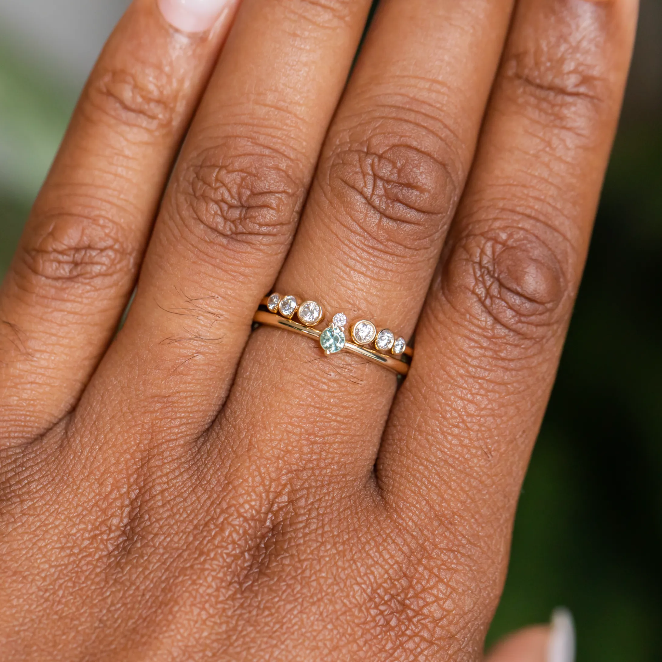 Dainty Micro Stacker - Green Sapphire & Diamond Stacking 14k Gold Ring