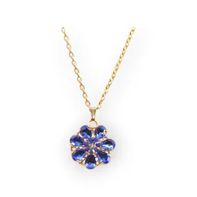 Daisy Pendant Necklace With Crystal Drops In sapphire and aquamarine Shades.