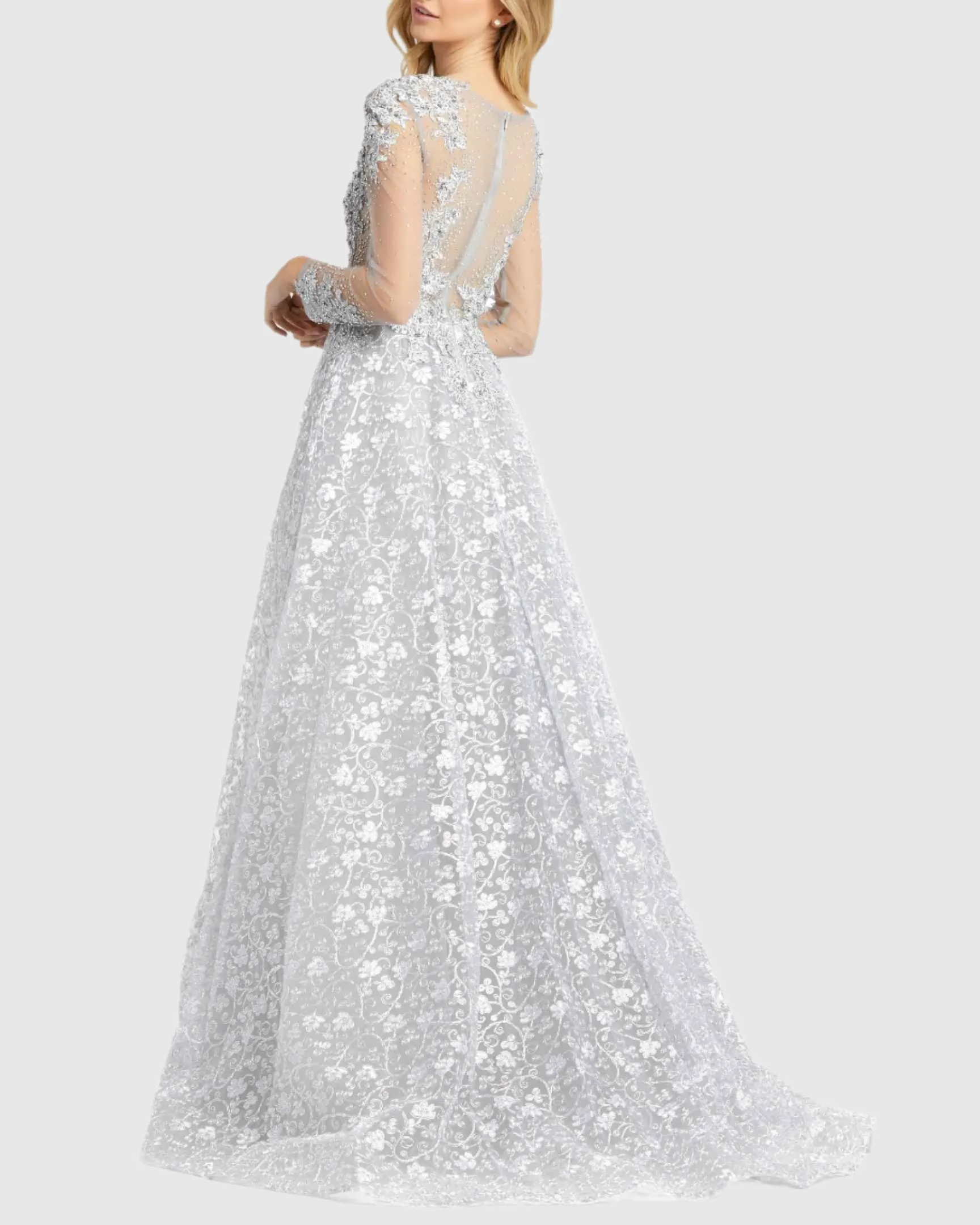 Embellished Illusion Long Sleeve A-Line Gown