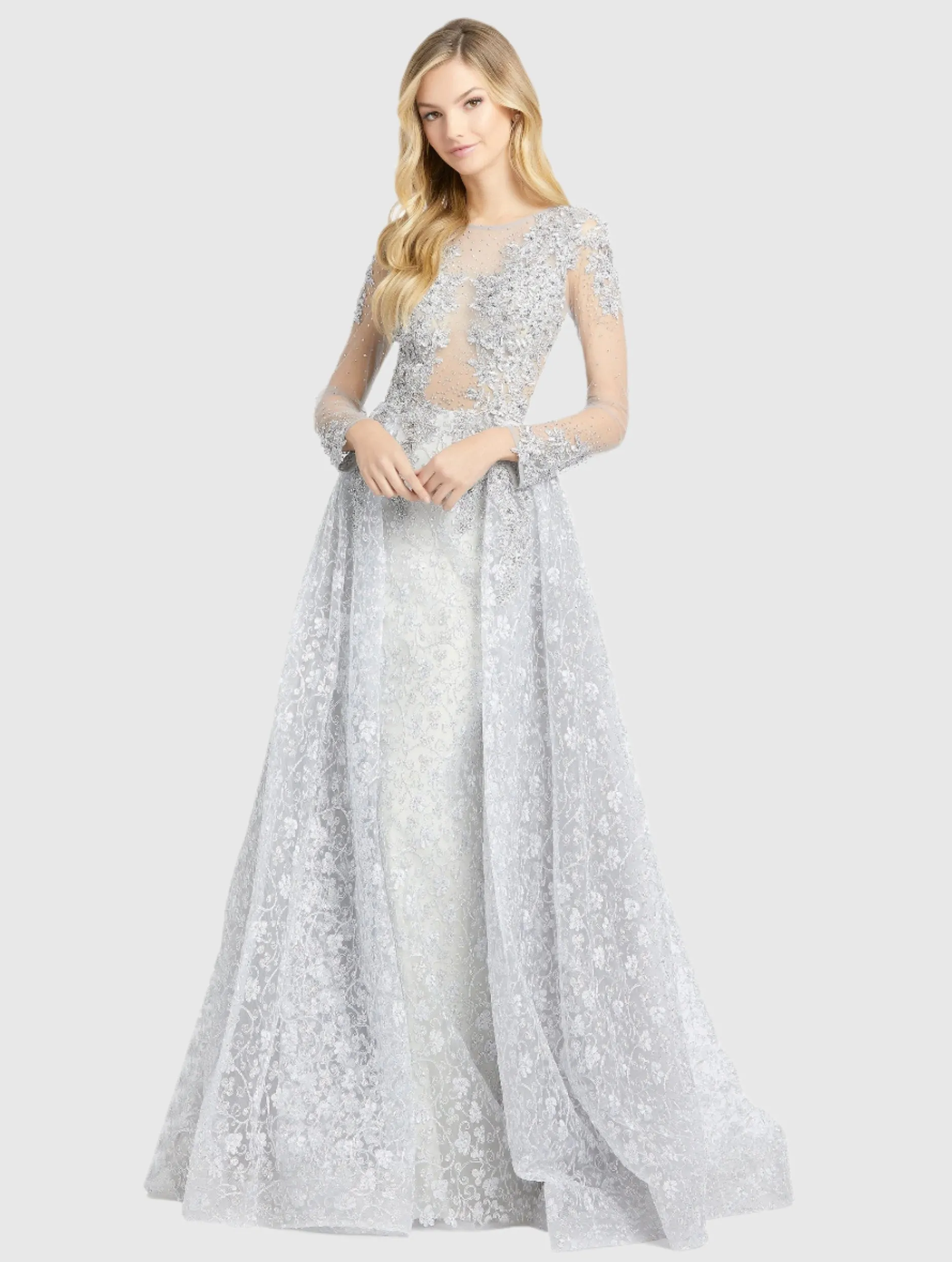 Embellished Illusion Long Sleeve A-Line Gown