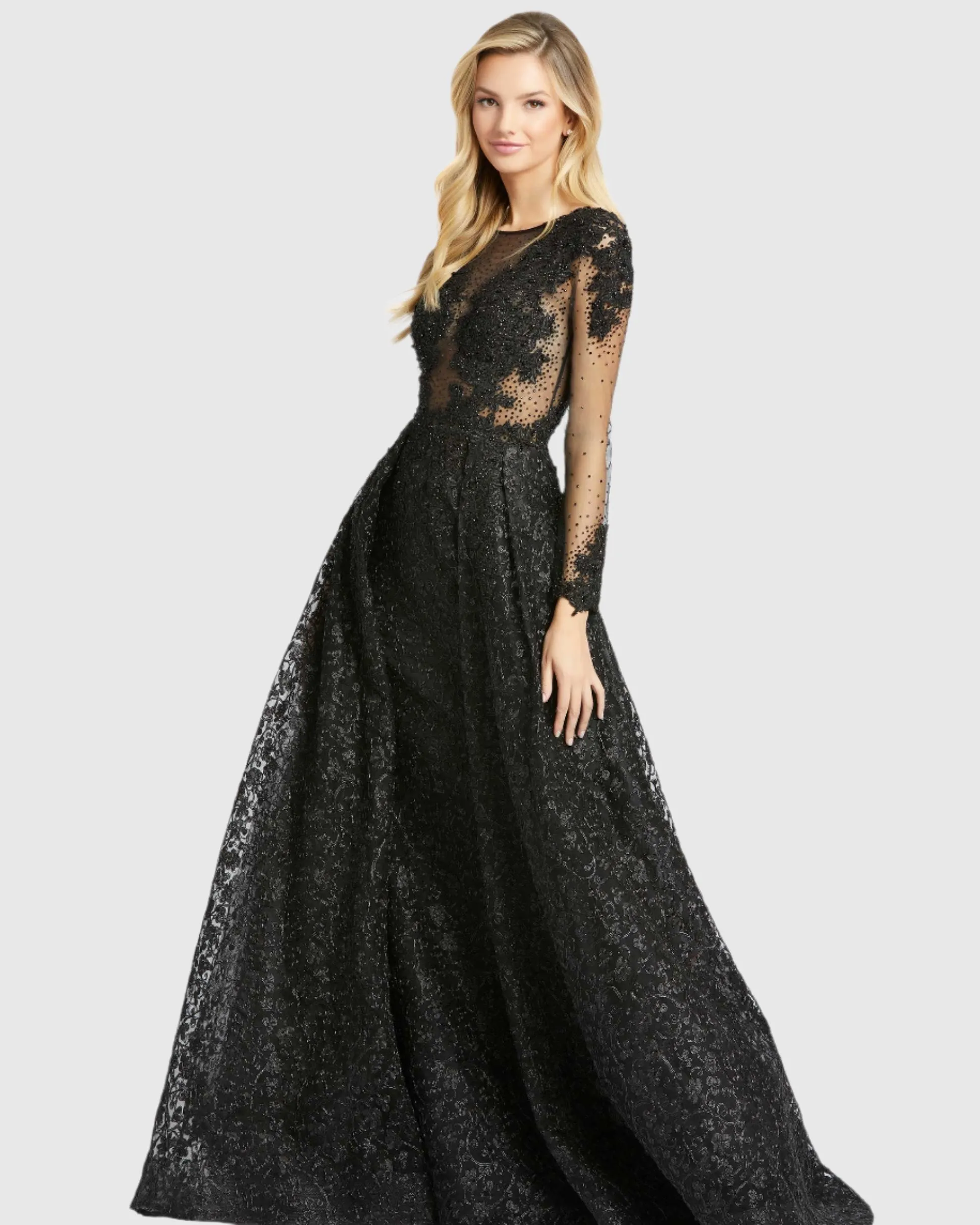 Embellished Illusion Long Sleeve A-Line Gown