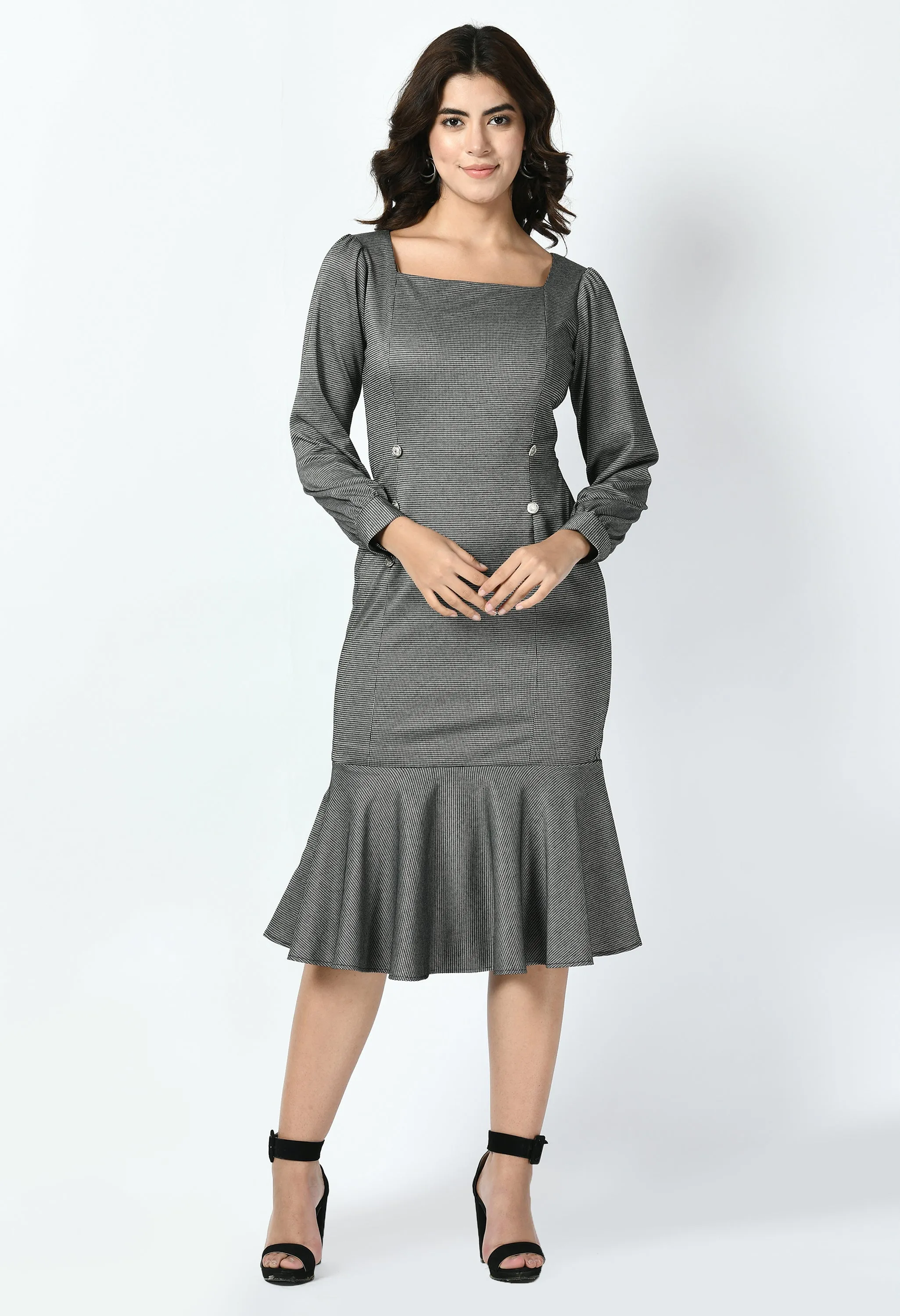 Exude Peak Checked Fishtail Midi Dress (Charcoal Black)